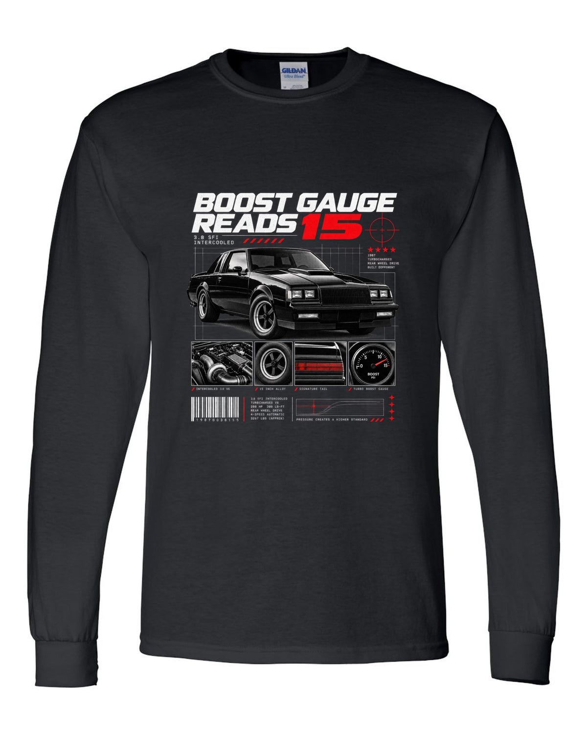 Dossier-panel print of a 1987 Buick Regal Grand National with 3.8 SFI and boost gauge notes black long sleeve front view with the design