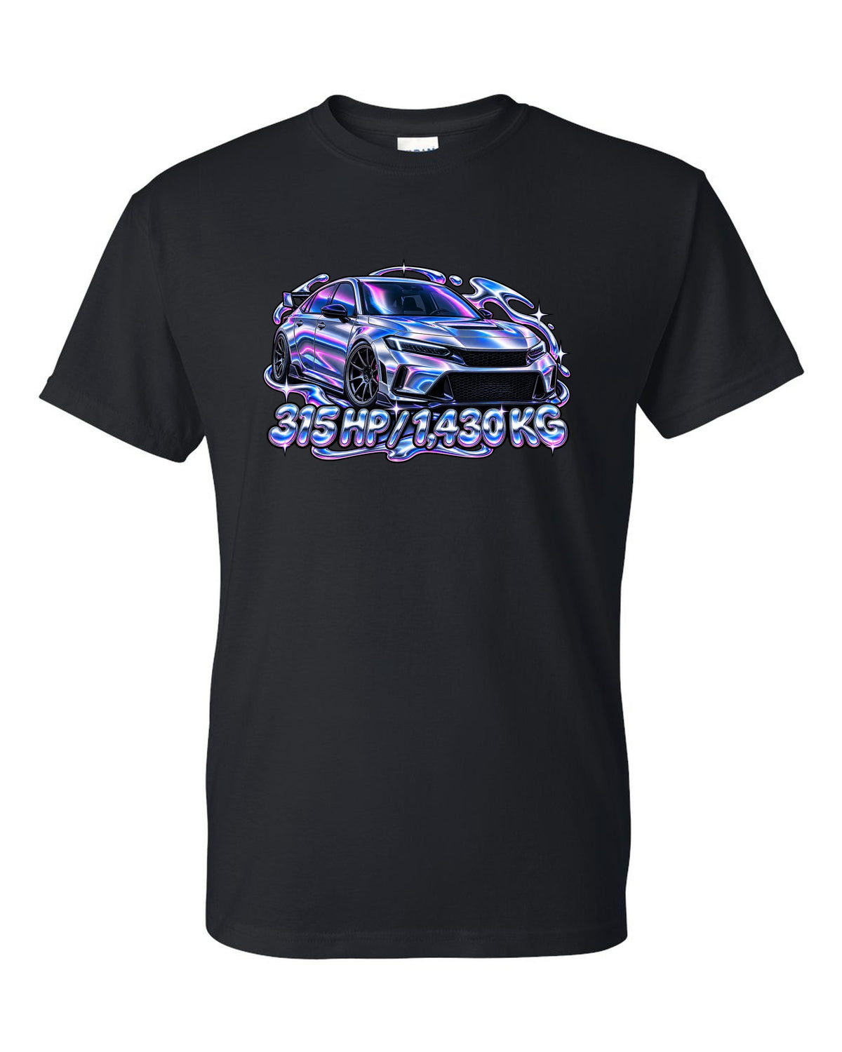 Y2K chrome gradient print of a Honda Civic Type R FL5 with 315 HP and 1,430 KG text black t-shirt front view with the design