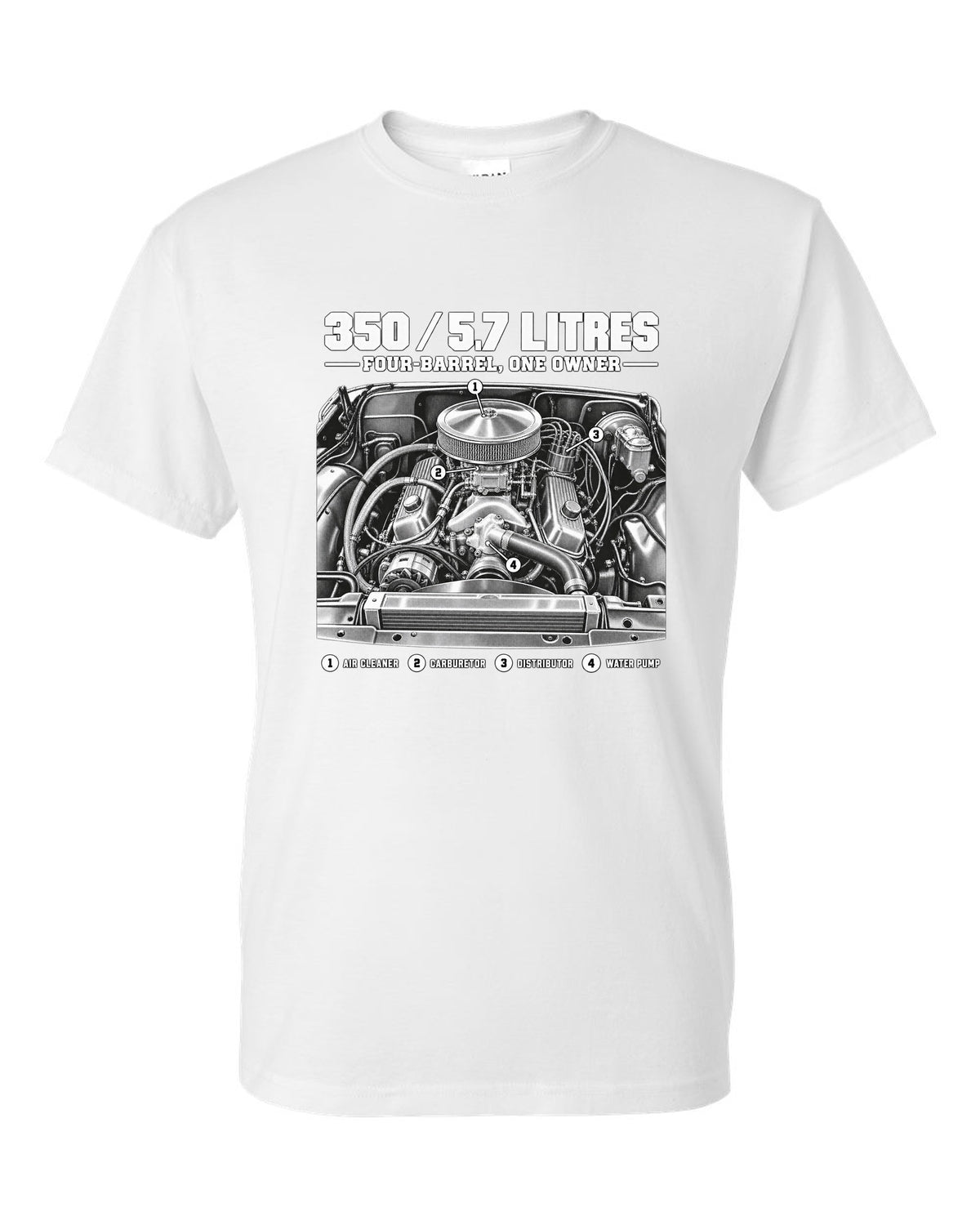 Squarebody C10 350 small block engine diagram with callouts, print white t-shirt front view with the design