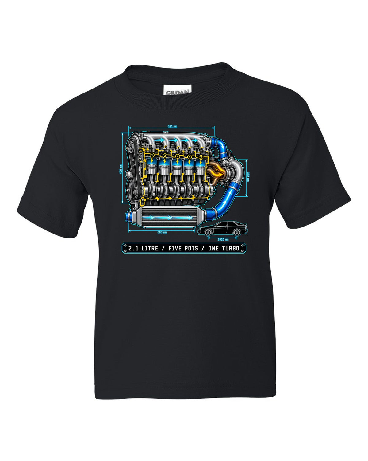 Technical blueprint print of an Audi Ur-Quattro Type 85 with five pots text black kids tee front view with the design