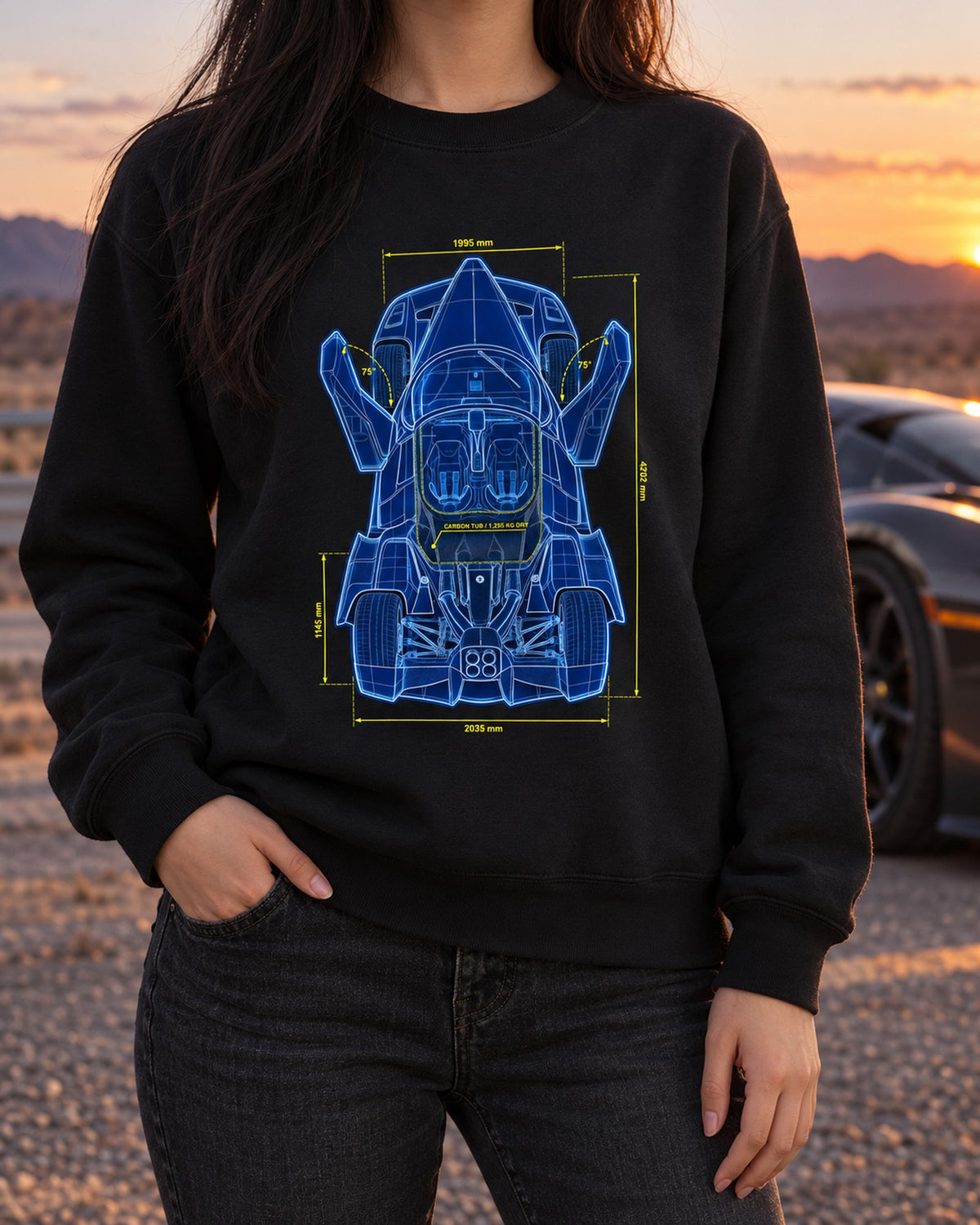 Ferrari Enzo F140 Quad Exhaust Top Plan Blueprint Shirt Crewneck Black worn hero