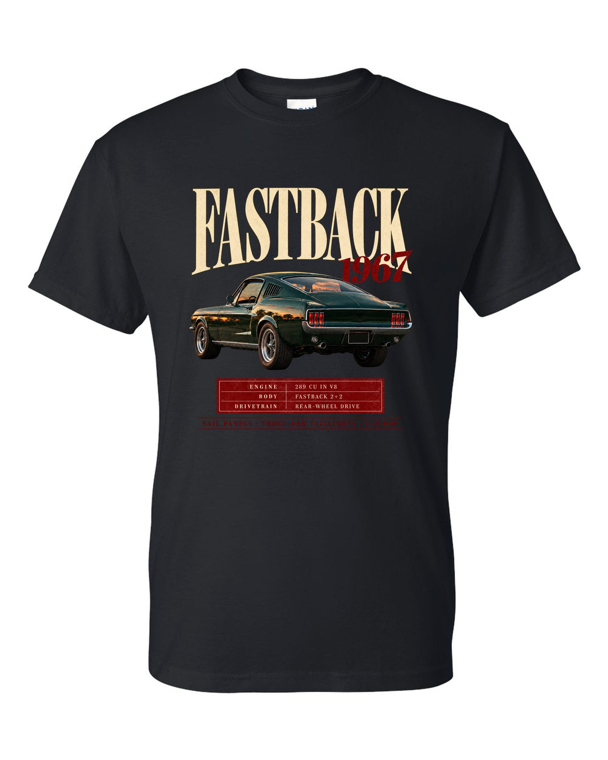 Archive panel illustration of a 1967 Ford Mustang fastback with 289 V8 spec callouts black t-shirt front view with the design