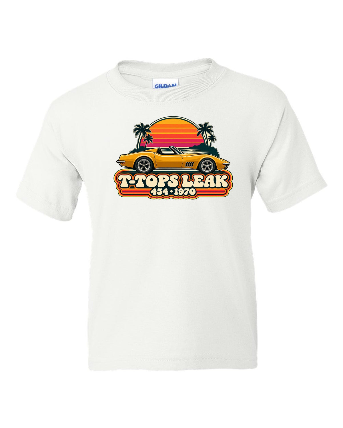 Vintage 70s sunset stripe print of a 1970 Corvette C3 Stingray reading T-Tops Leak 454 white kids tee front view with the design