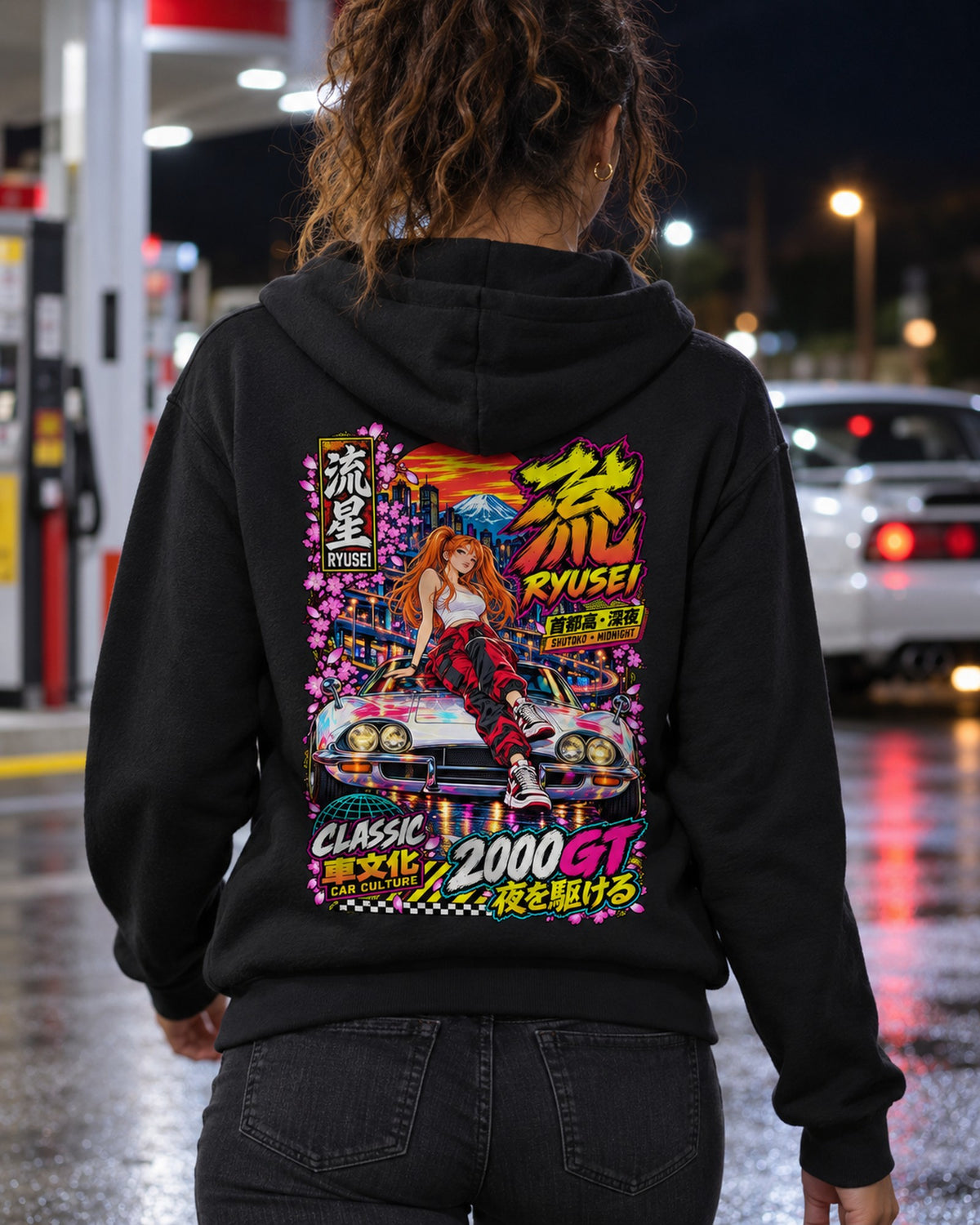 RYUSEI 2000GT Anime Girl Full-Back Graphic Tee Zip Hoodie Black worn hero