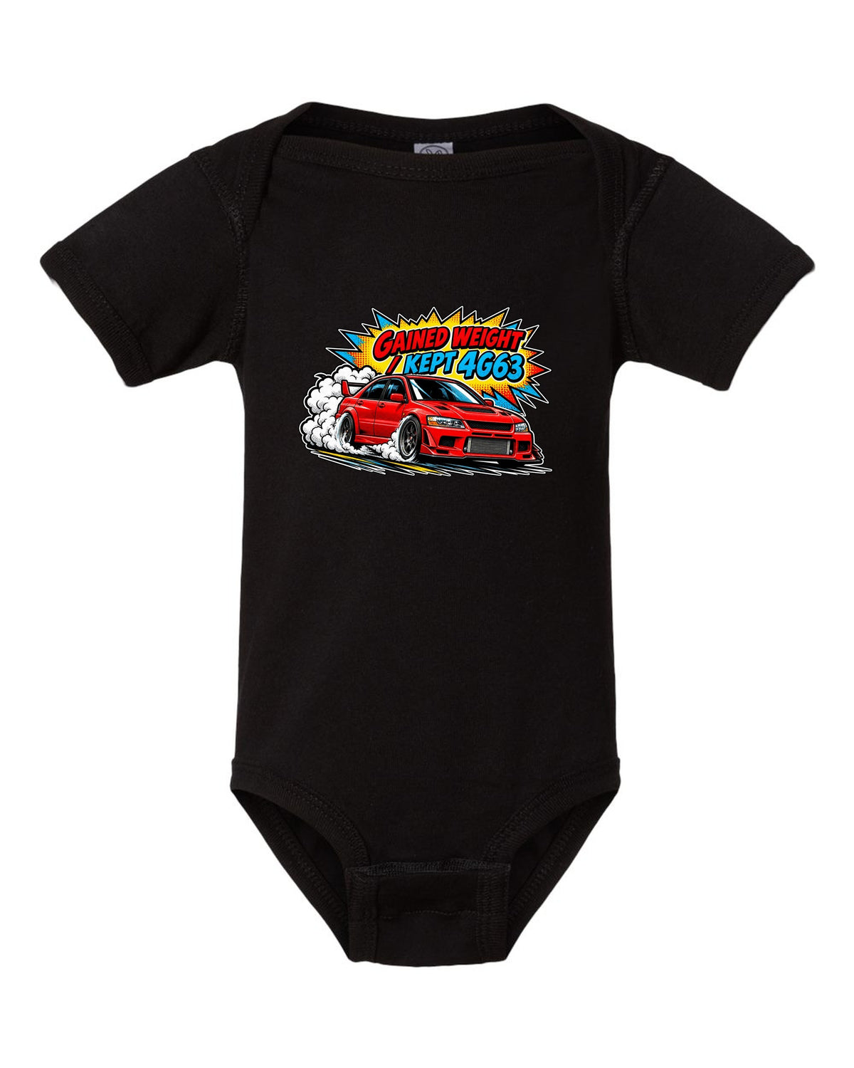 Comic halftone pop-art launch print of the Mitsubishi Evo VII CT9A with gained weight kept 4G63 text black baby onesie front view with the design