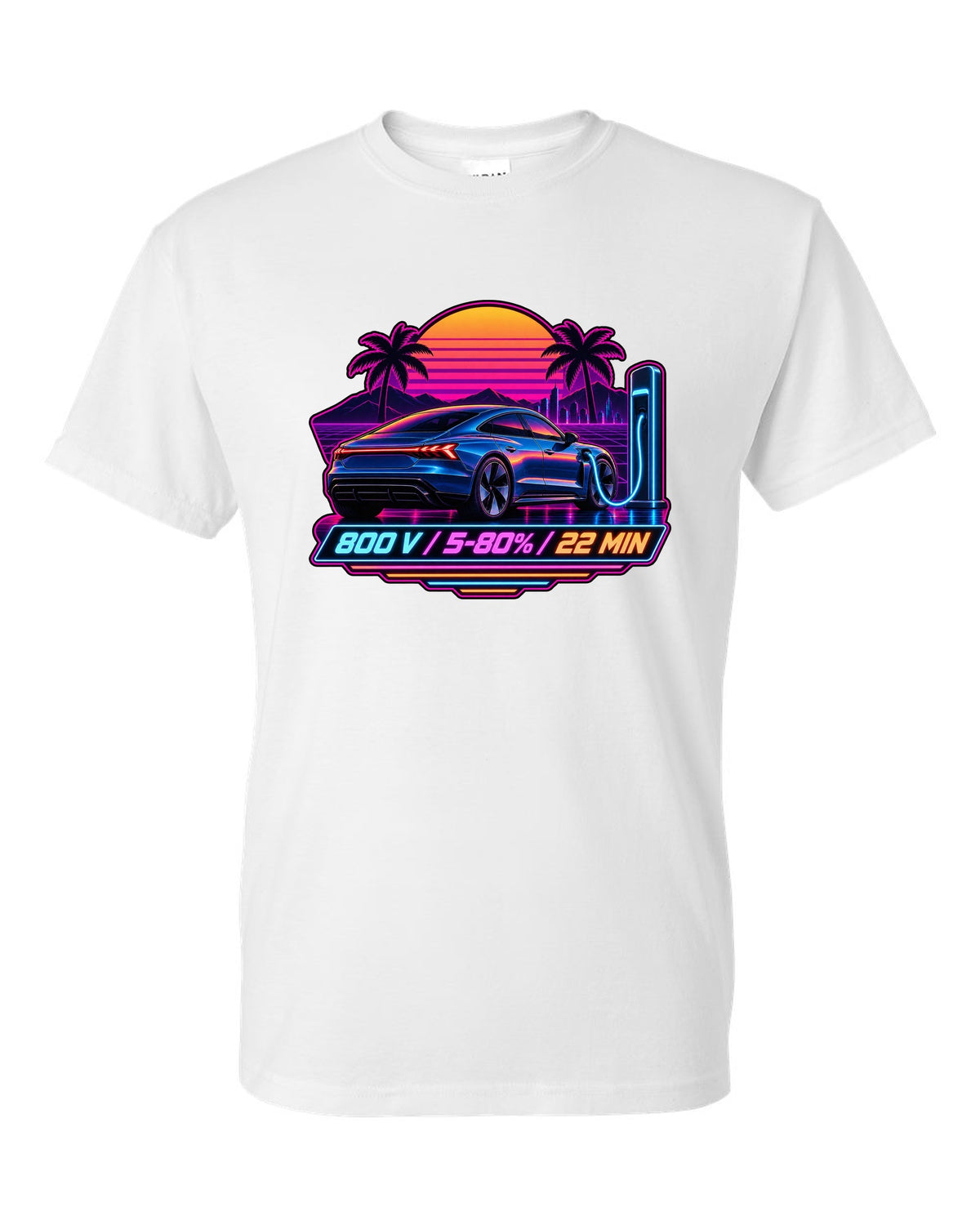 Outrun style print of an Audi e-tron GT with 800 V charging figures white t-shirt front view with the design