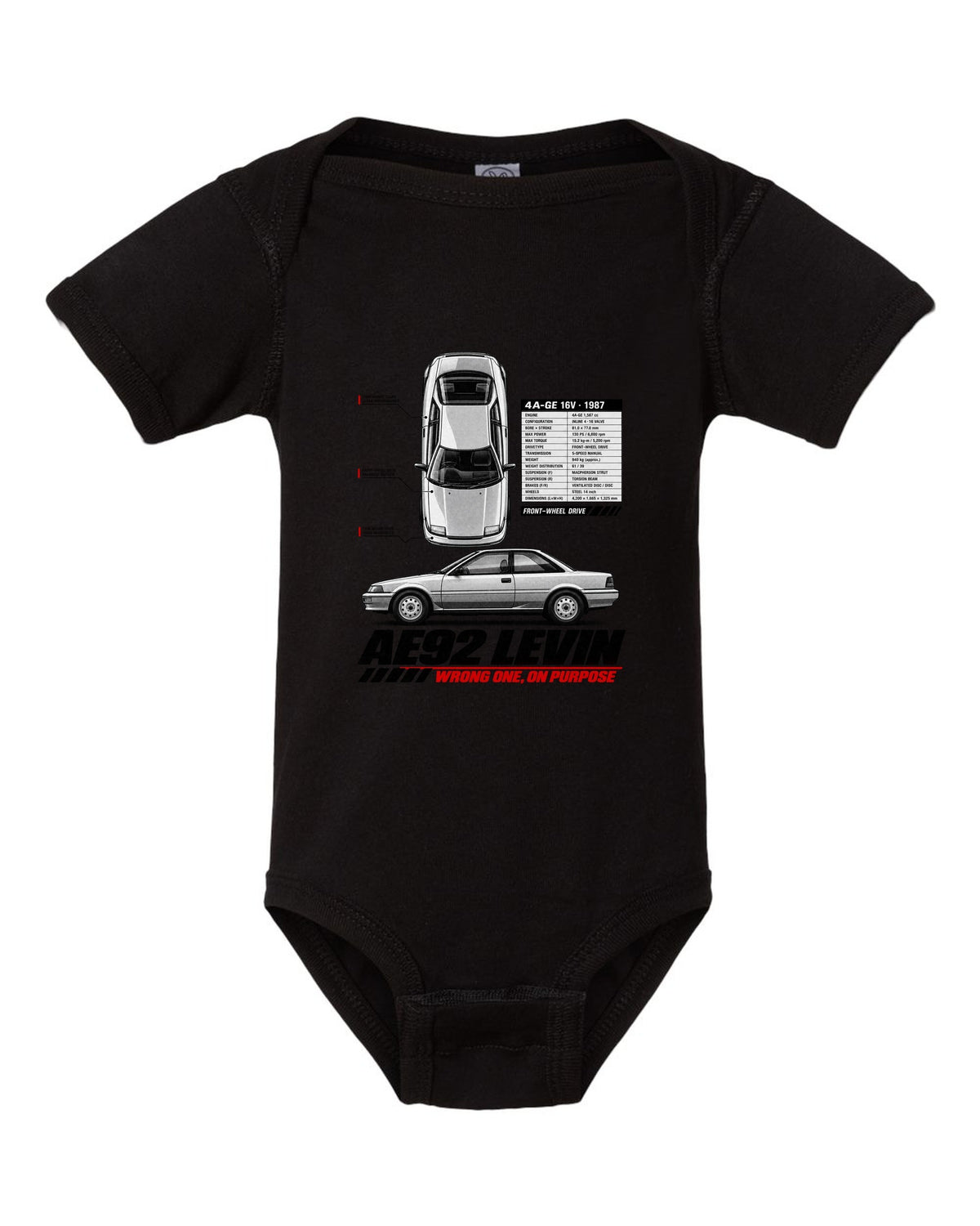 Spec poster print of a Toyota Corolla Levin AE92 with 4A-GE 16V and front-wheel drive text black baby onesie front view with the design