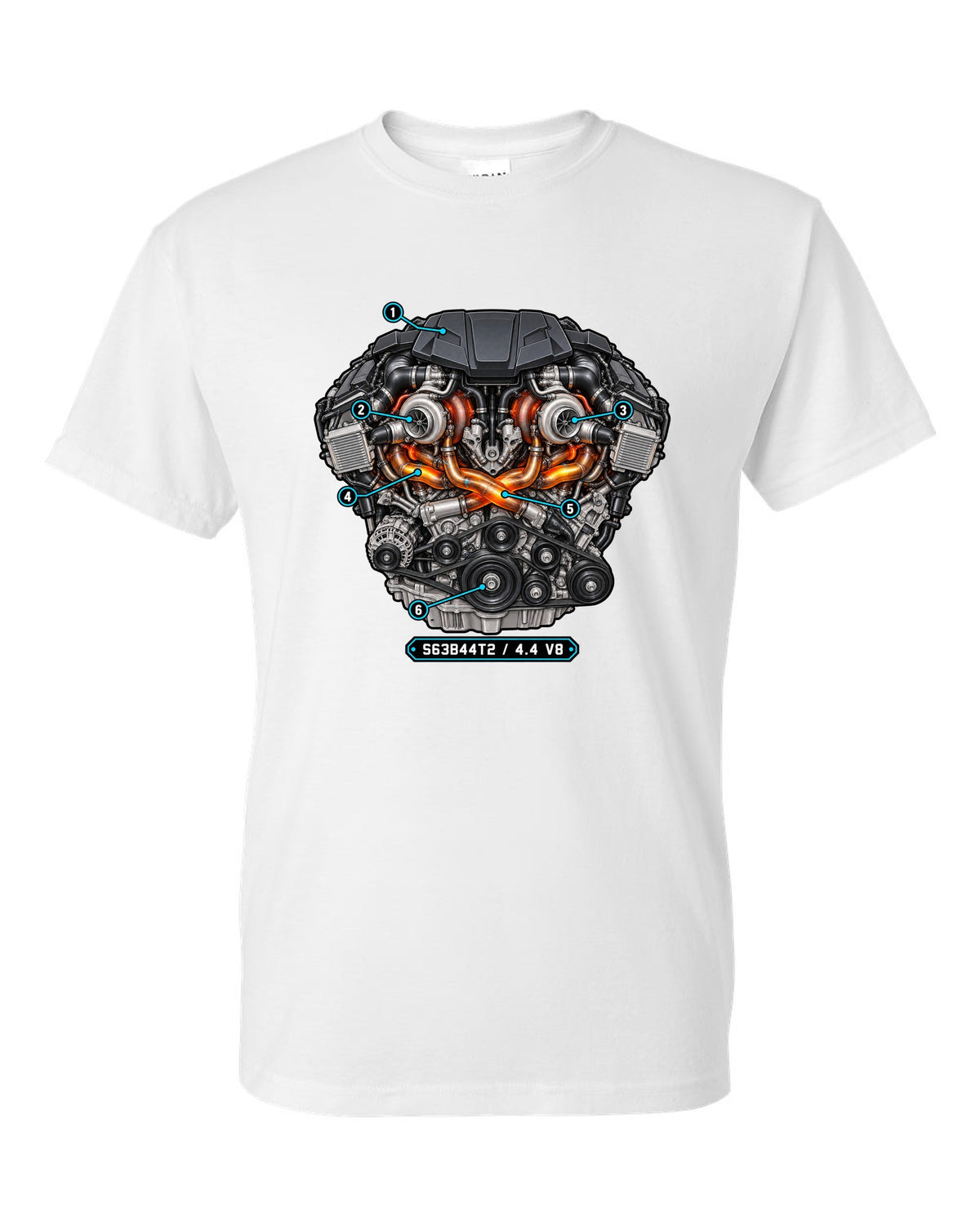 Exploded cutaway engine print of the BMW S63 4.4 V8 from the X5 M F85 white t-shirt front view with the design