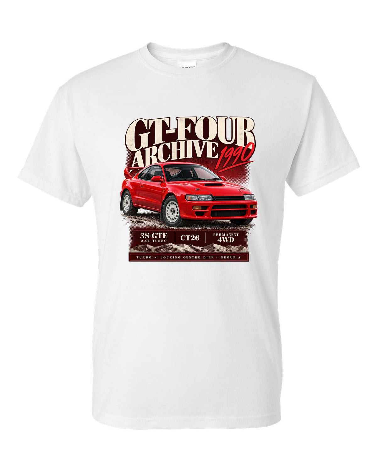 Archive panel print of a Toyota Celica GT-Four ST185 with 3S-GTE, CT26 and Group A text white t-shirt front view with the design
