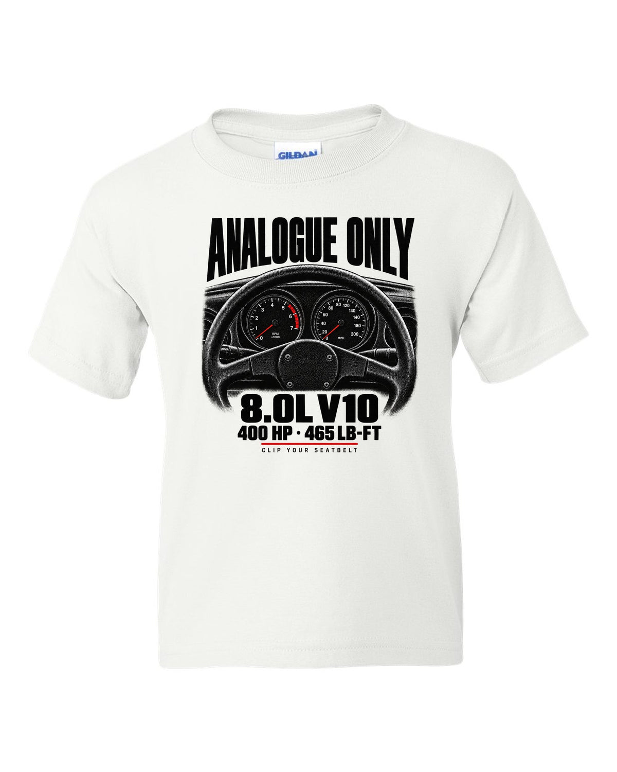 Cockpit gauge print of a 1994 Dodge Viper RT/10 SR I with analogue only and 8.0L V10 text white kids tee front view with the design