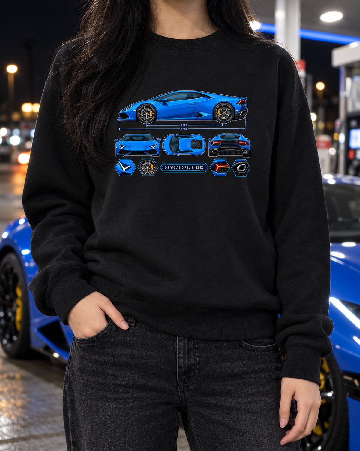 Huracan LP610-4 Colour Blueprint Shirt, 5.2 V10 Hex Study Crewneck Black worn hero
