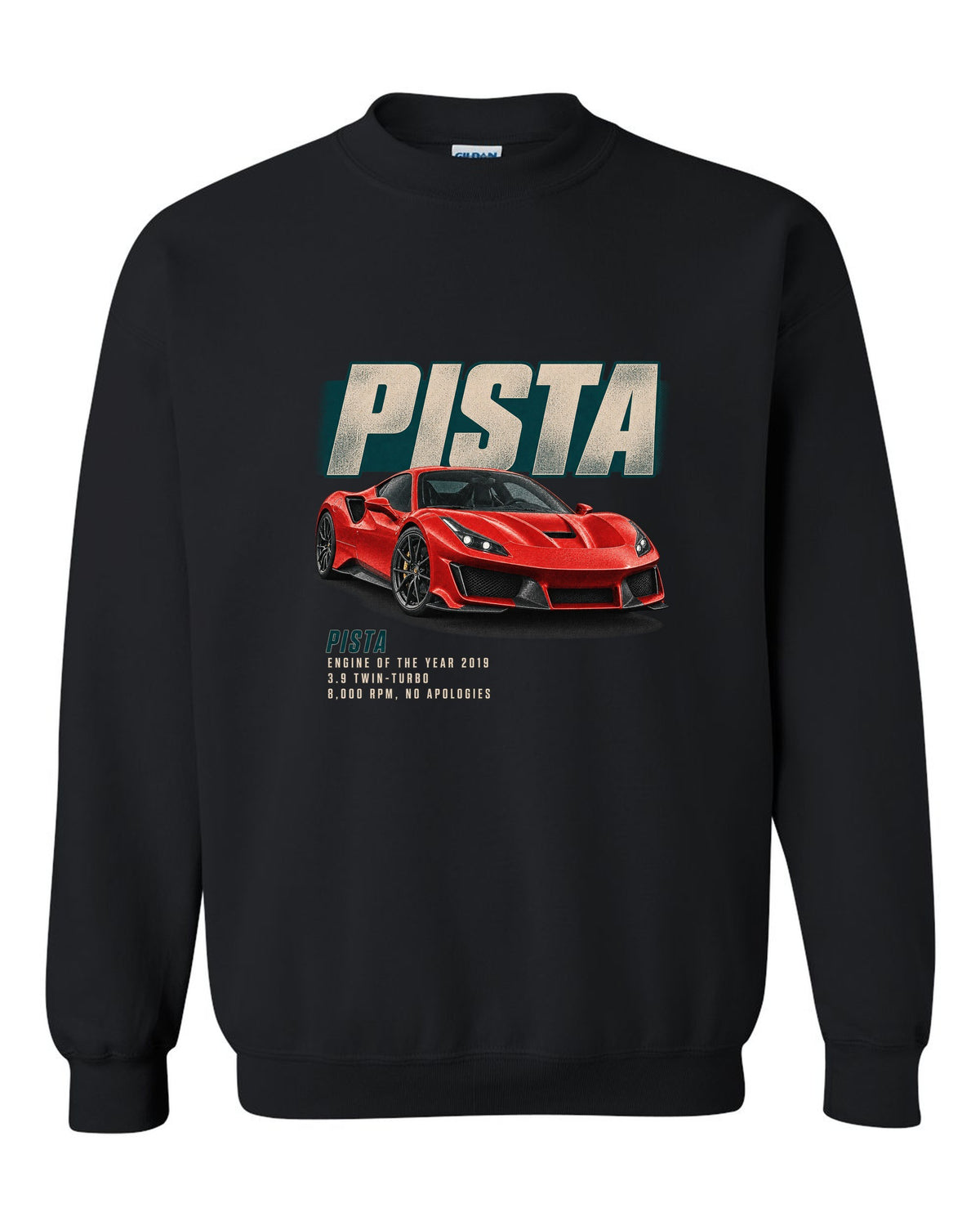 Editorial headline print of a red Ferrari 488 Pista in front three-quarter view black crewneck front view with the design