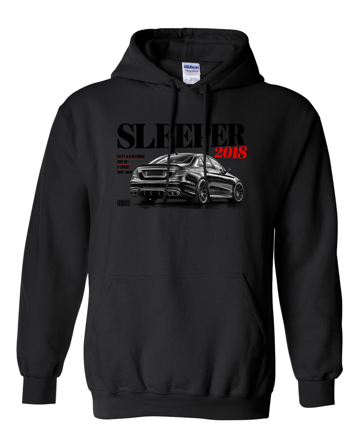 print editorial headline of a Mercedes W213 E63 S M177 with text Sleeper 2018 4.0 Biturbo 603 HP black pull over hoodie front view with the design