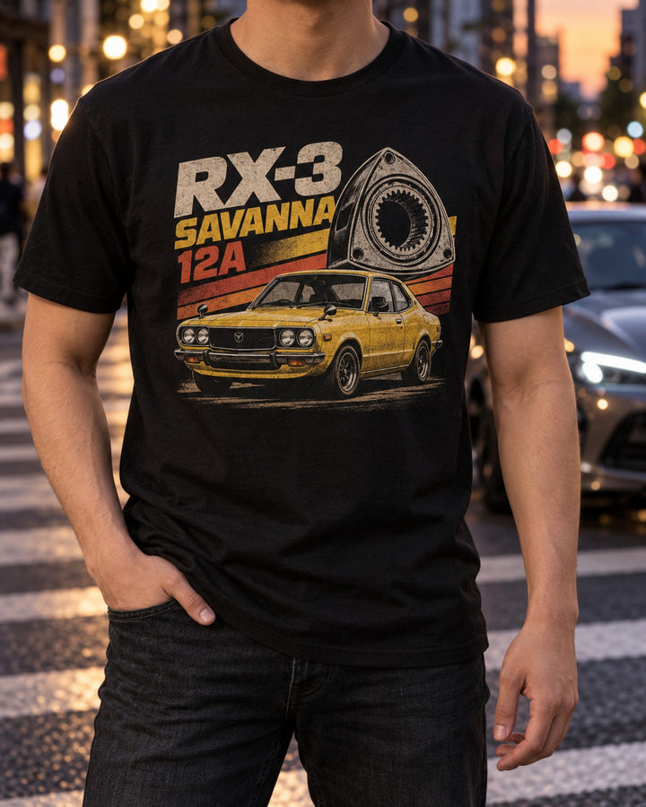 Mazda RX-3 Savanna Coupe 12A Showa Catalogue Ad Shirt T-Shirt Black worn hero