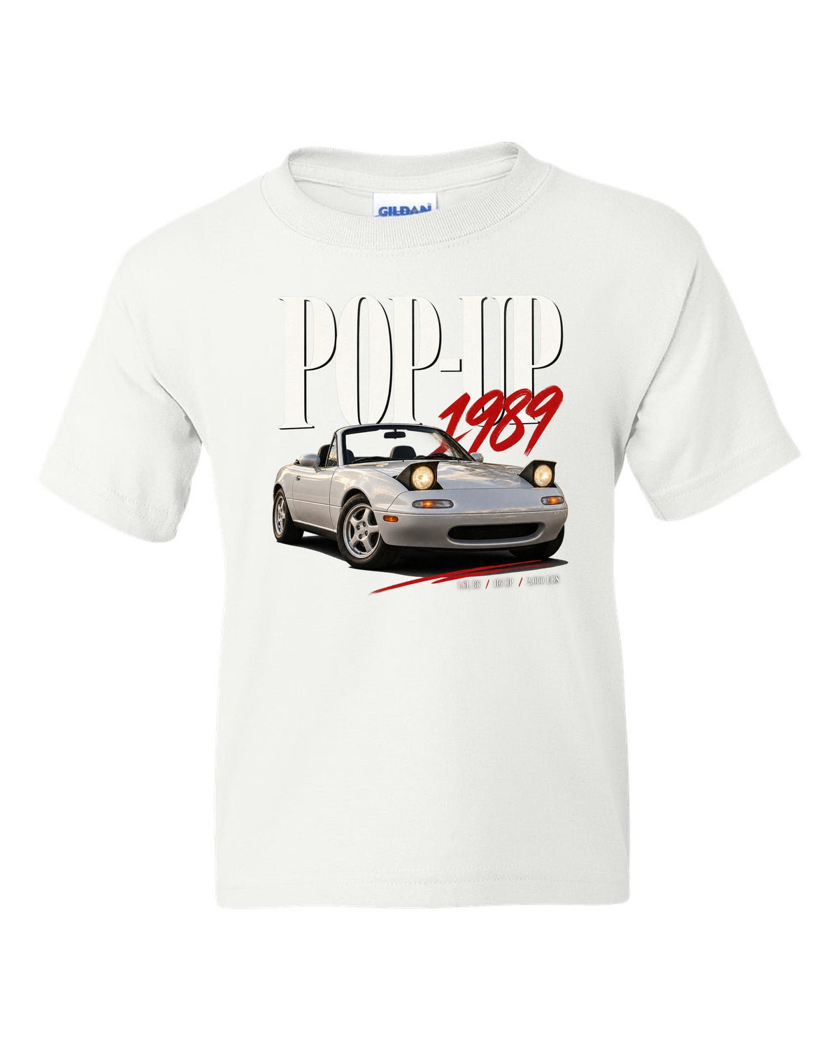 Editorial headline print for the Mazda MX-5 NA 1989-97 reading pop-up, 1989, 1.6L B6 white kids tee front view with the design