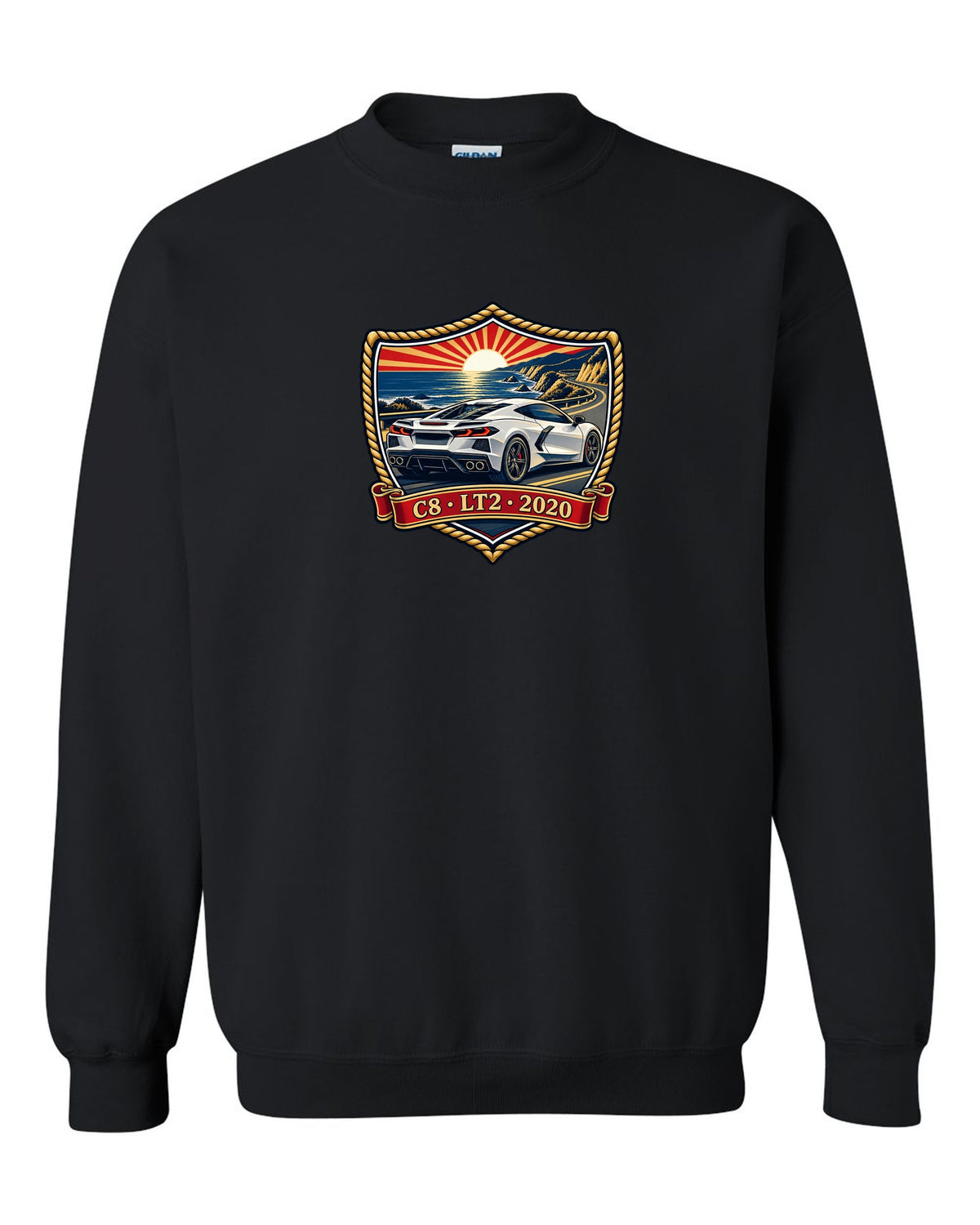 Shield crest design of a 2020 C8 mid-engine Corvette Stingray black crewneck front view with the design