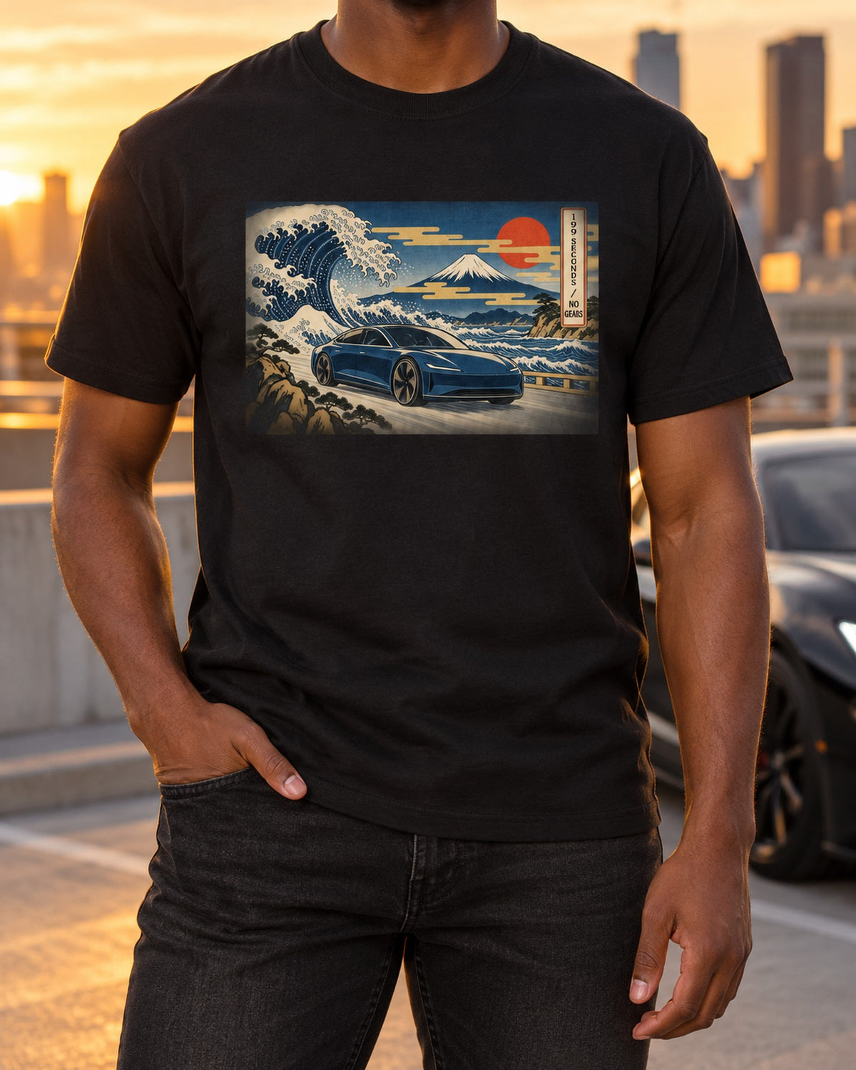 Tesla Model S Plaid Ukiyo-e Woodblock Shirt, Sub-2-Second Tee T-Shirt Black worn hero