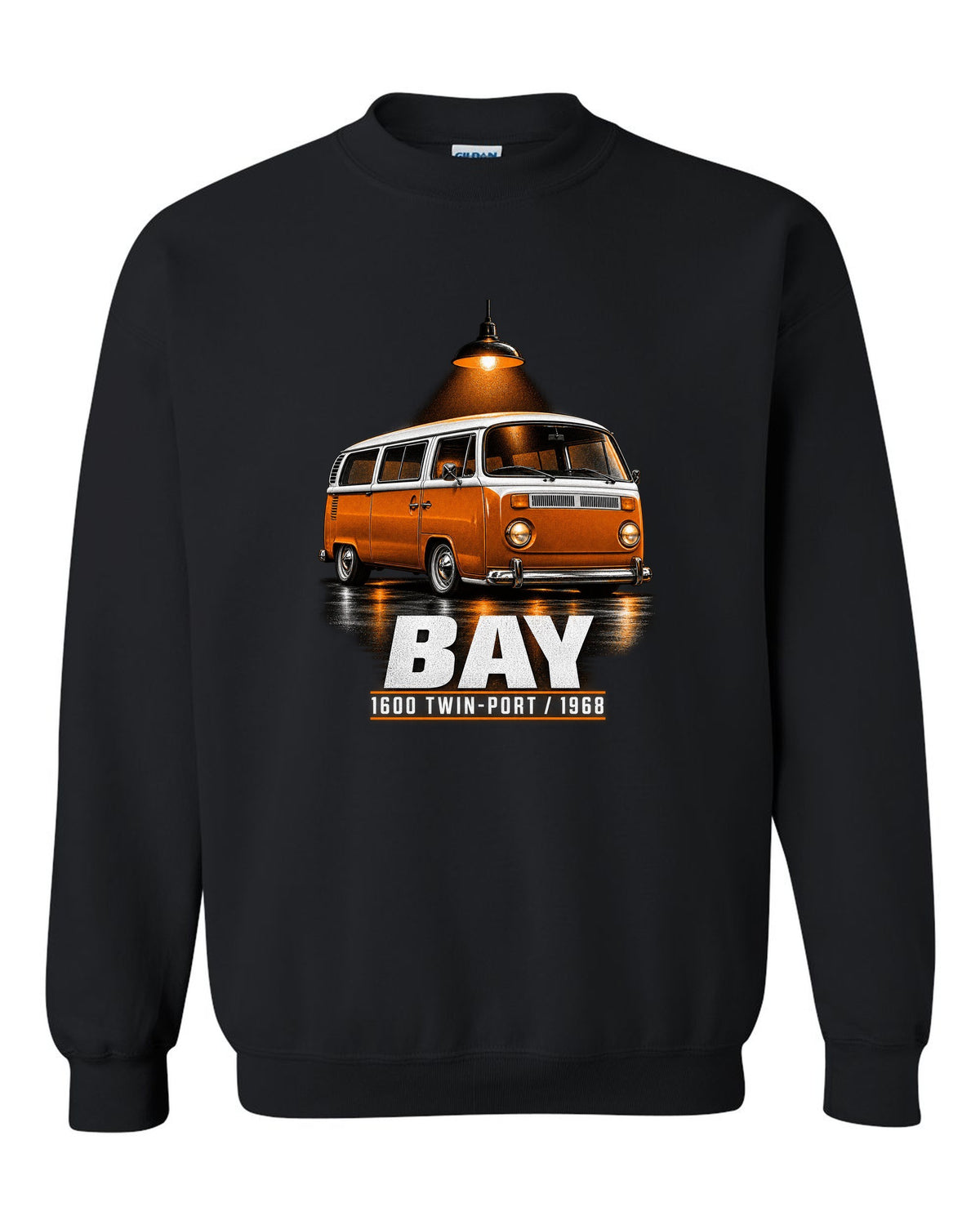 Garage night print of a 1968 VW T2 bay-window Type 2 bus black crewneck front view with the design