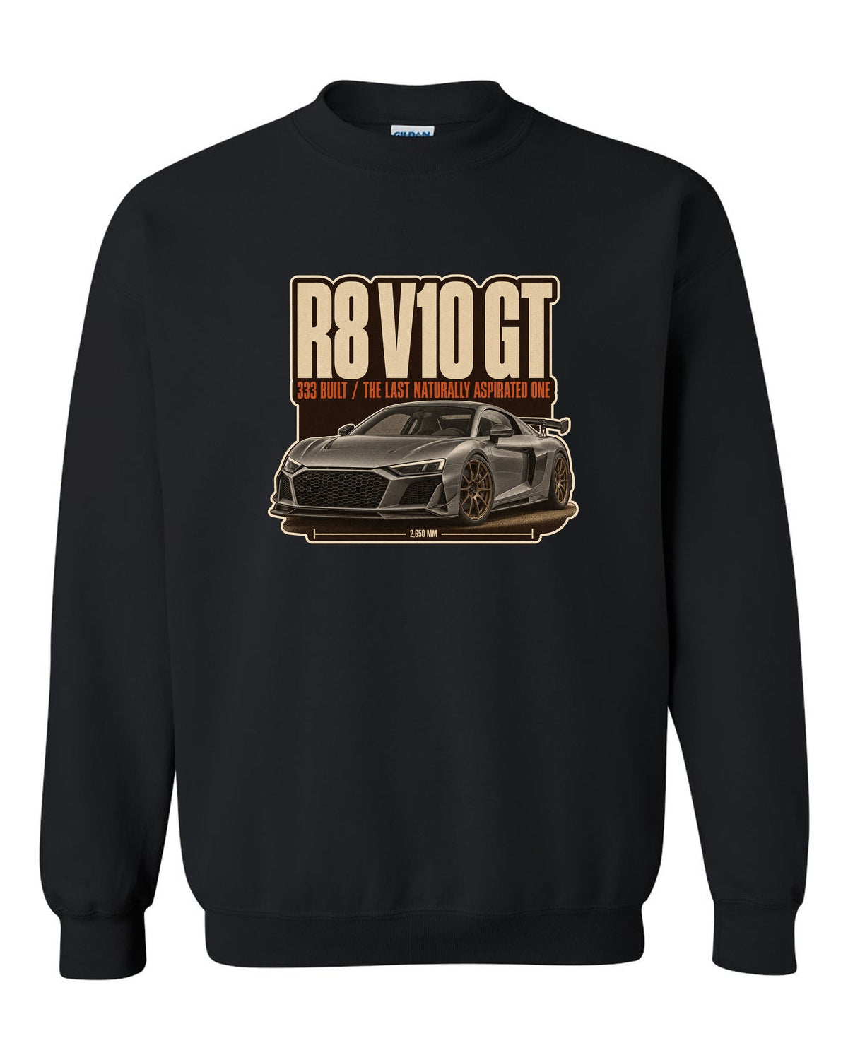 Audi R8 V10 GT RWD final edition editorial headline print design black crewneck front view with the design