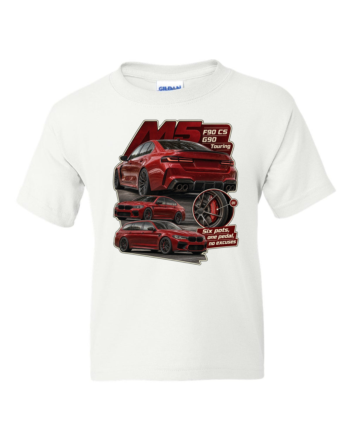 BMW M2 G87 in Toronto Red taillight macro print with six pots one pedal caption white kids tee front view with the design
