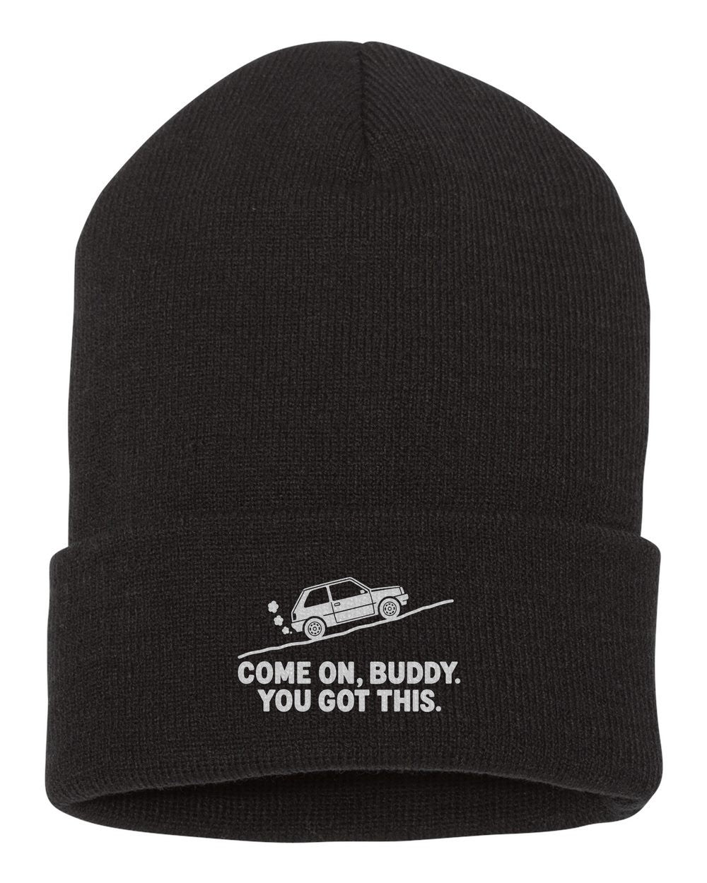 Funny Little Car Climbing Hill Shirt For Car Guys black beanie front view with car name
