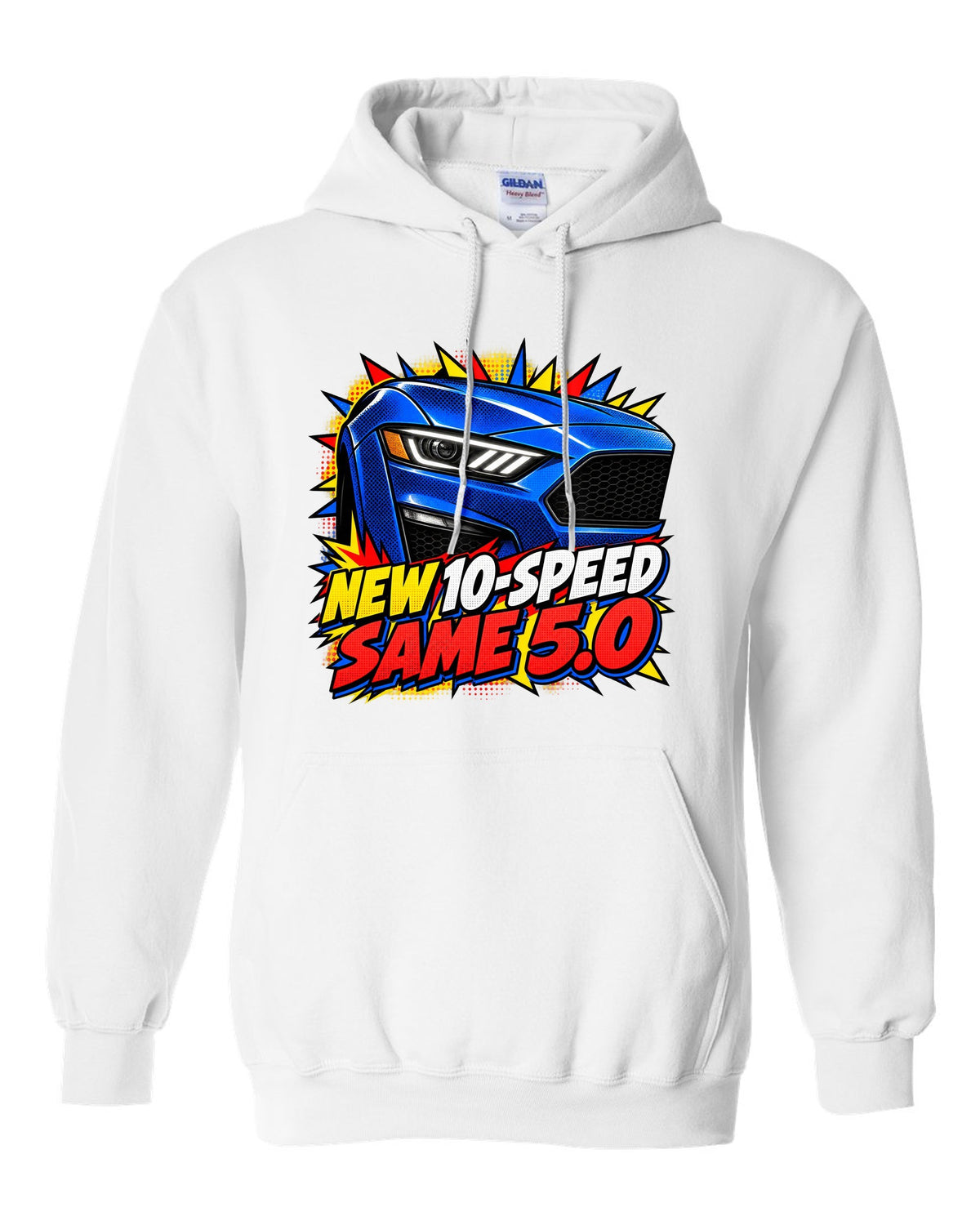 Comic halftone pop-art print of a 2018-23 Ford Mustang S550 GT front end white pull over hoodie front view with the design
