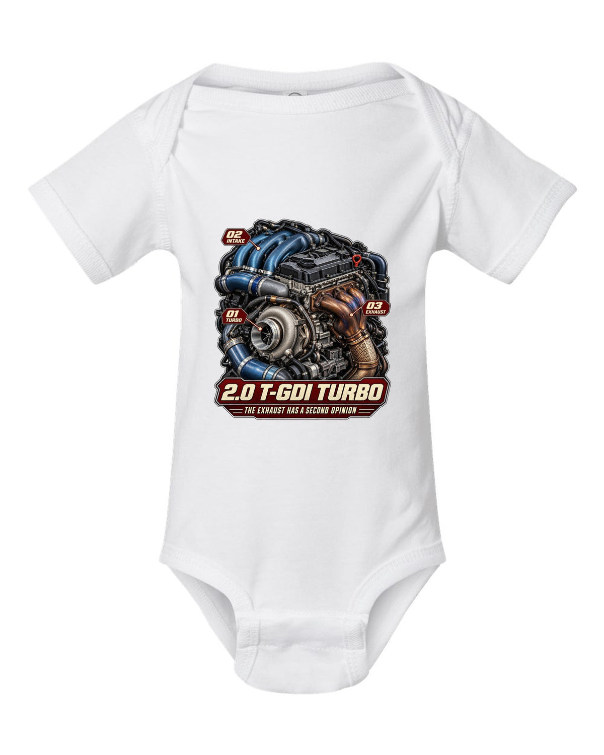 Hyundai Elantra N 2.0 T-GDI turbo engine illustration, print white baby onesie front view with the design