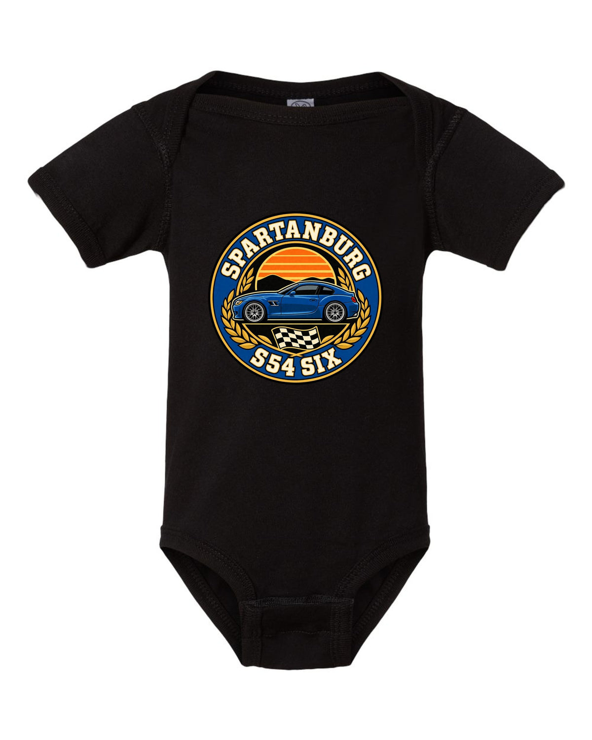 BMW Z4 M Coupe E86 varsity crest print with Spartanburg S54 six text black baby onesie front view with the design