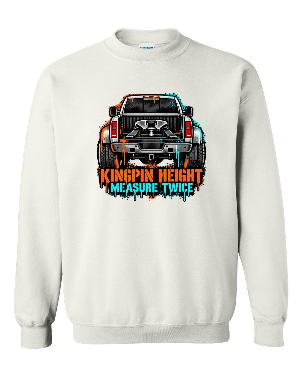 Stencil spray-art print of a 2010-2018 Ram 3500 6.7 Cummins rear with fifth wheel and kingpin height text white crewneck front view with the design