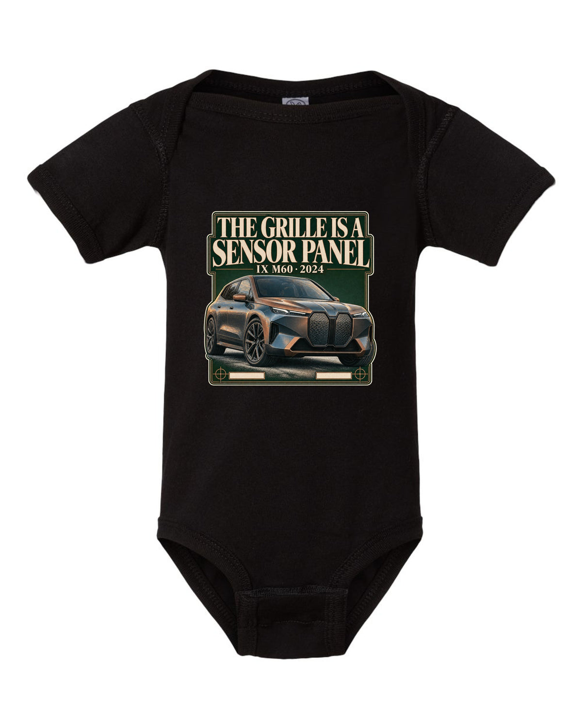 Editorial headline print for the BMW iX M60 I20 saying the grille is a sensor panel black baby onesie front view with the design