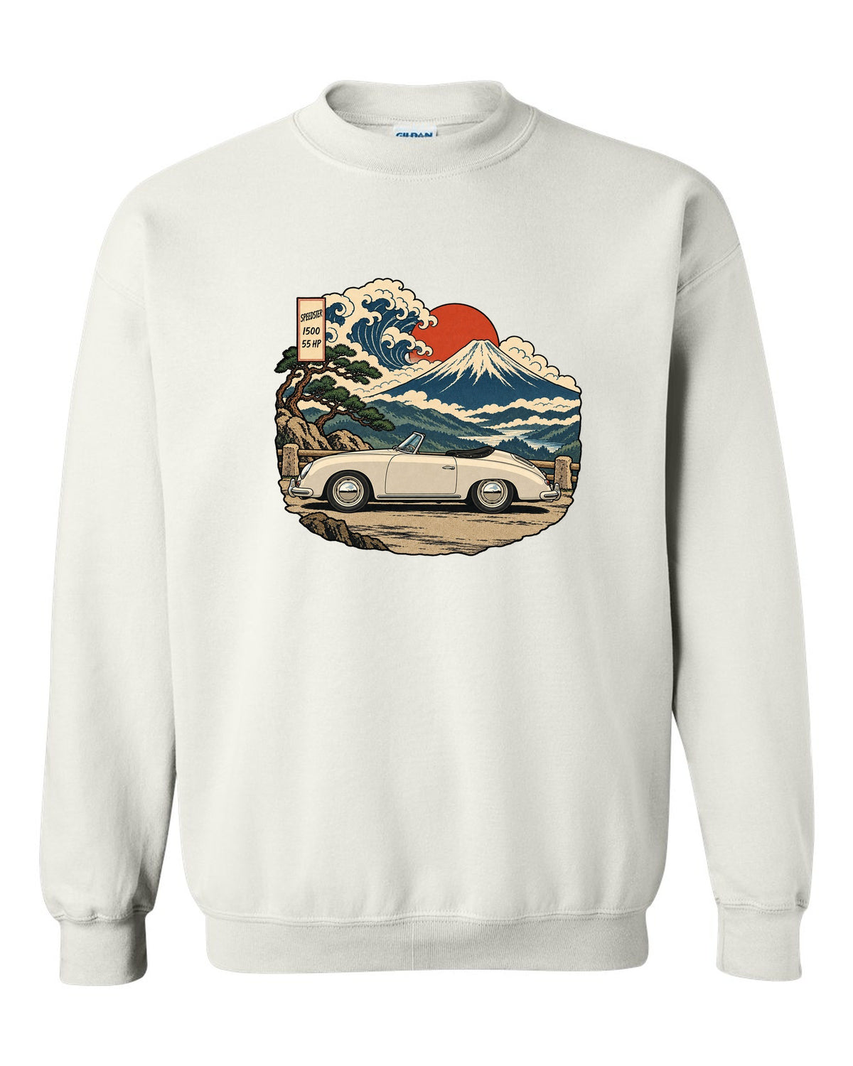 Ukiyo-e woodblock style Porsche 356 Pre-A Speedster on a mountain pass white crewneck front view with the design