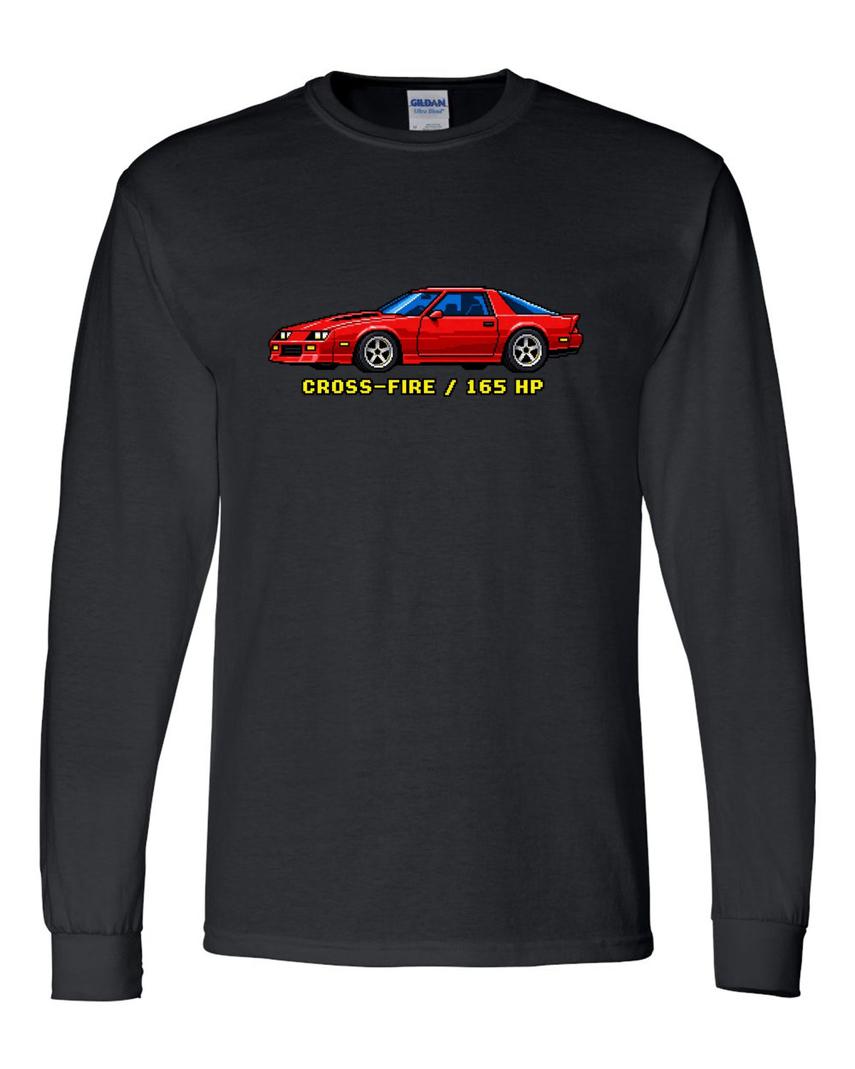 1982 Camaro Z28 third-generation chback in 16-bit pixel art with Cross-Fire 165 HP text black long sleeve front view with the design