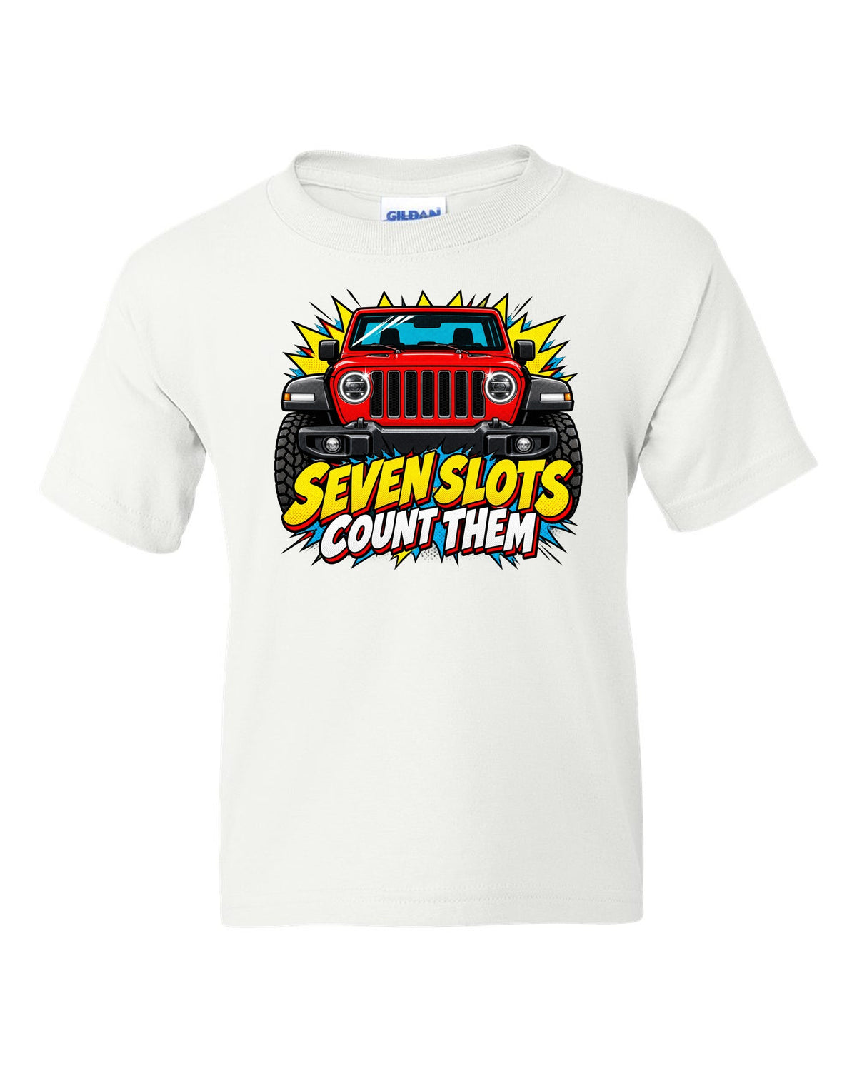 Comic halftone pop-art print of a Jeep Wrangler JL with seven slots text white kids tee front view with the design