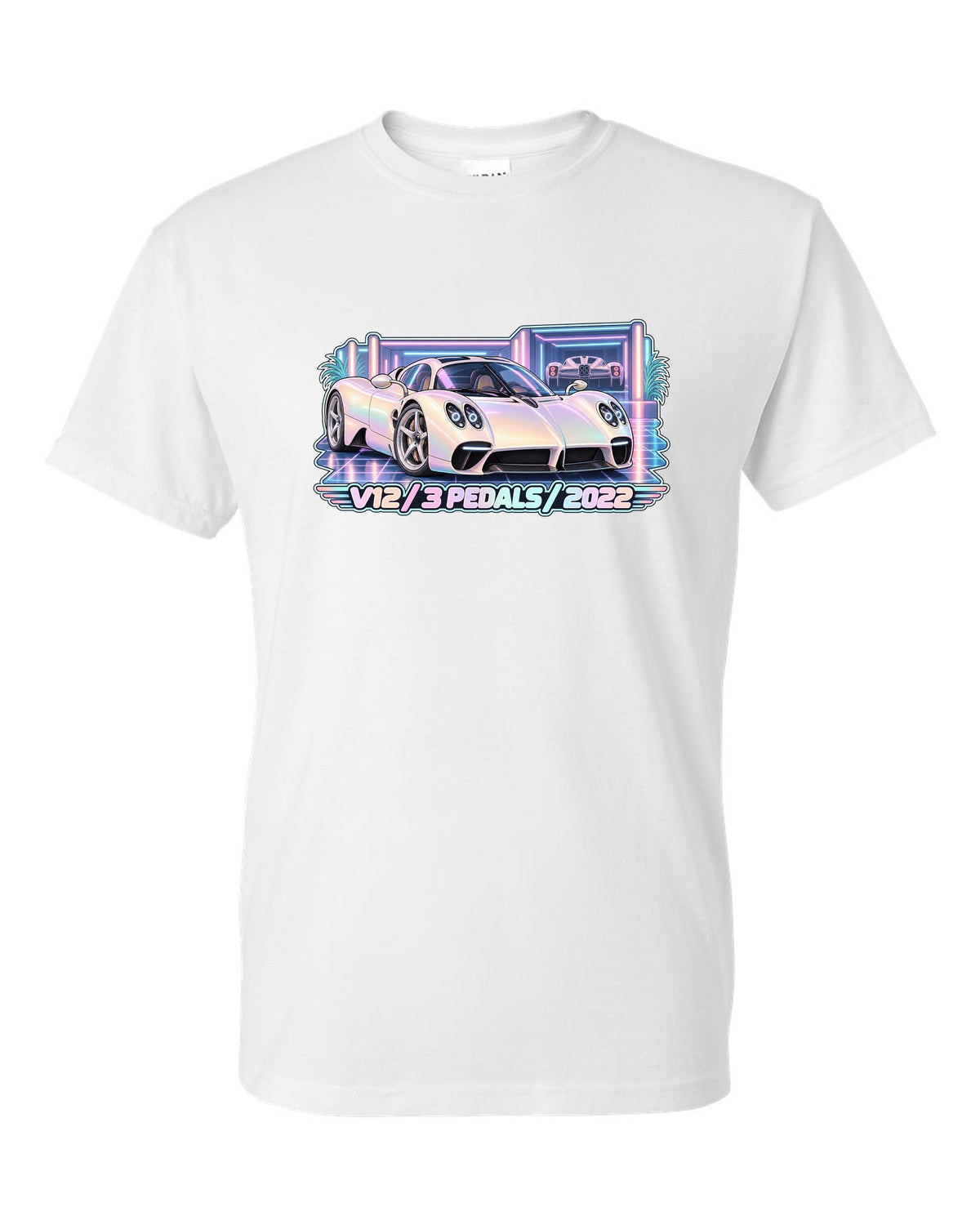 Pastel vaporwave garage illustration of a Pagani Utopia with V12 3 PEDALS 2022 lettering white t-shirt front view with the design