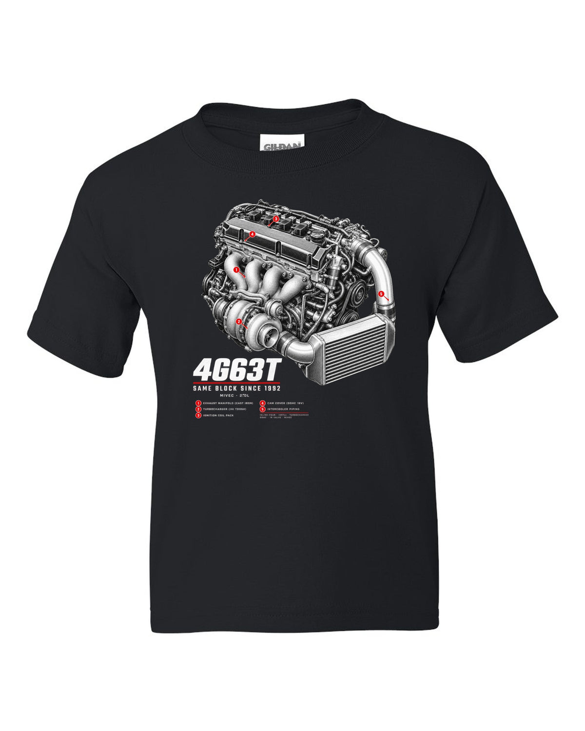 Engine hero print for the Mitsubishi Lancer Evolution IX MR CT9A reading 4G63T, MIVEC, 2.0L, same block since 1992 black kids tee front view with the design