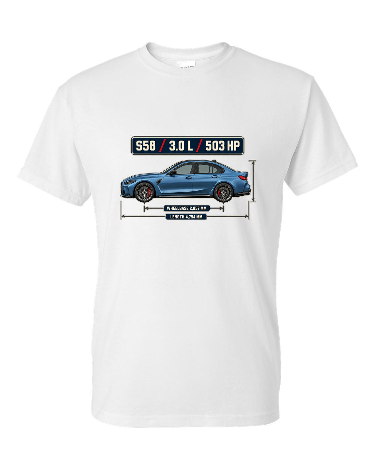 BMW M3 Competition G80 dimension blueprint print with S58 specs white t-shirt front view with the design