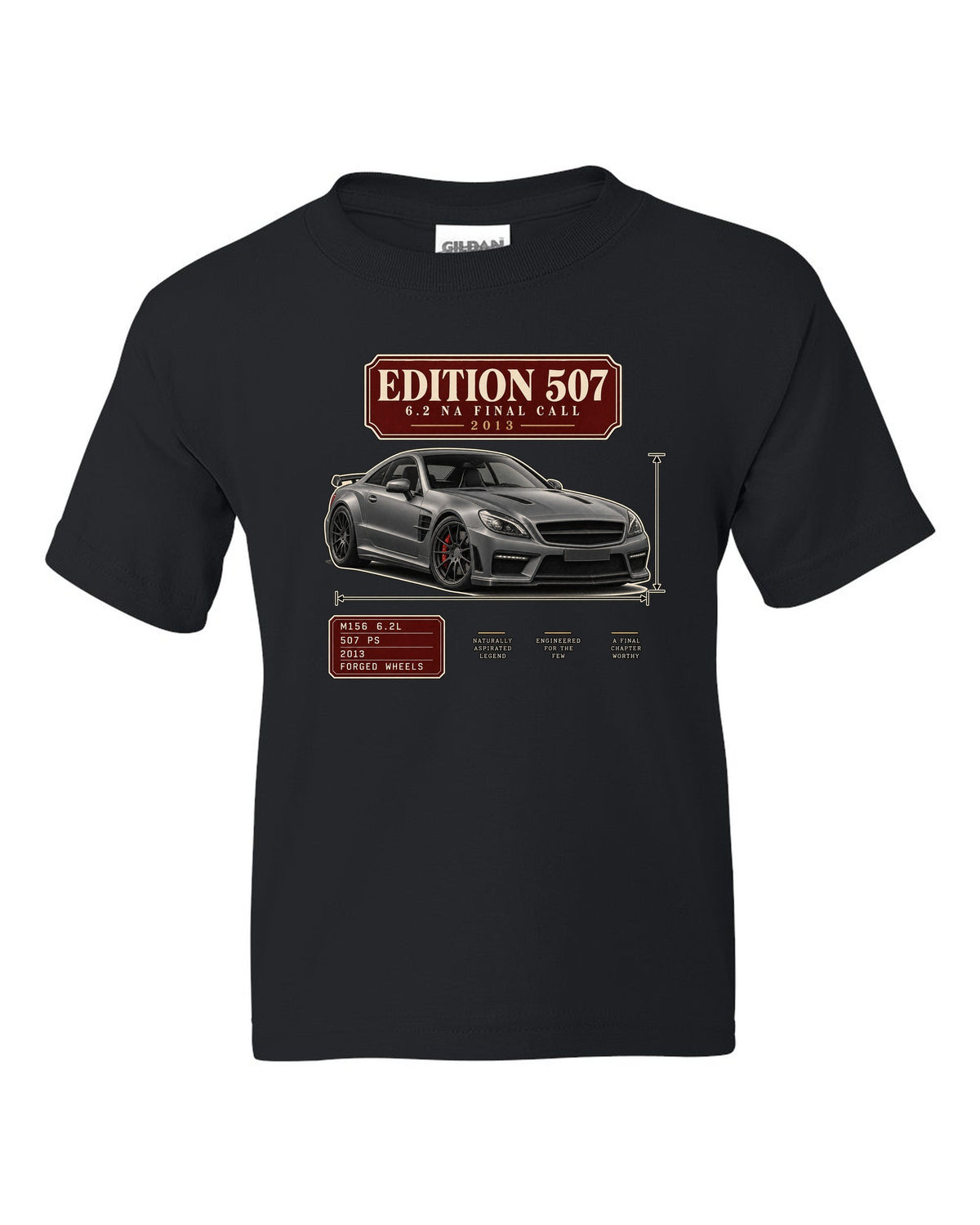 Archive panel print of a matte grey Mercedes-AMG C63 Edition 507 C204 black kids tee front view with the design