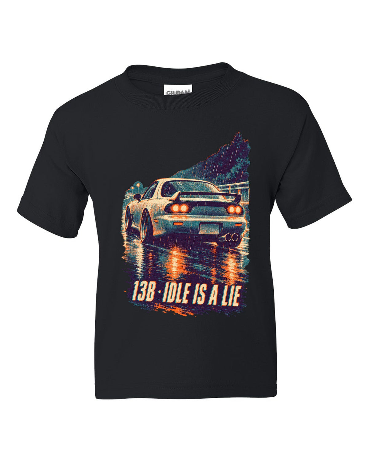 Three-colour risograph print for the Mazda RX-7 FD3S with 13B idle is a lie lettering black kids tee front view with the design