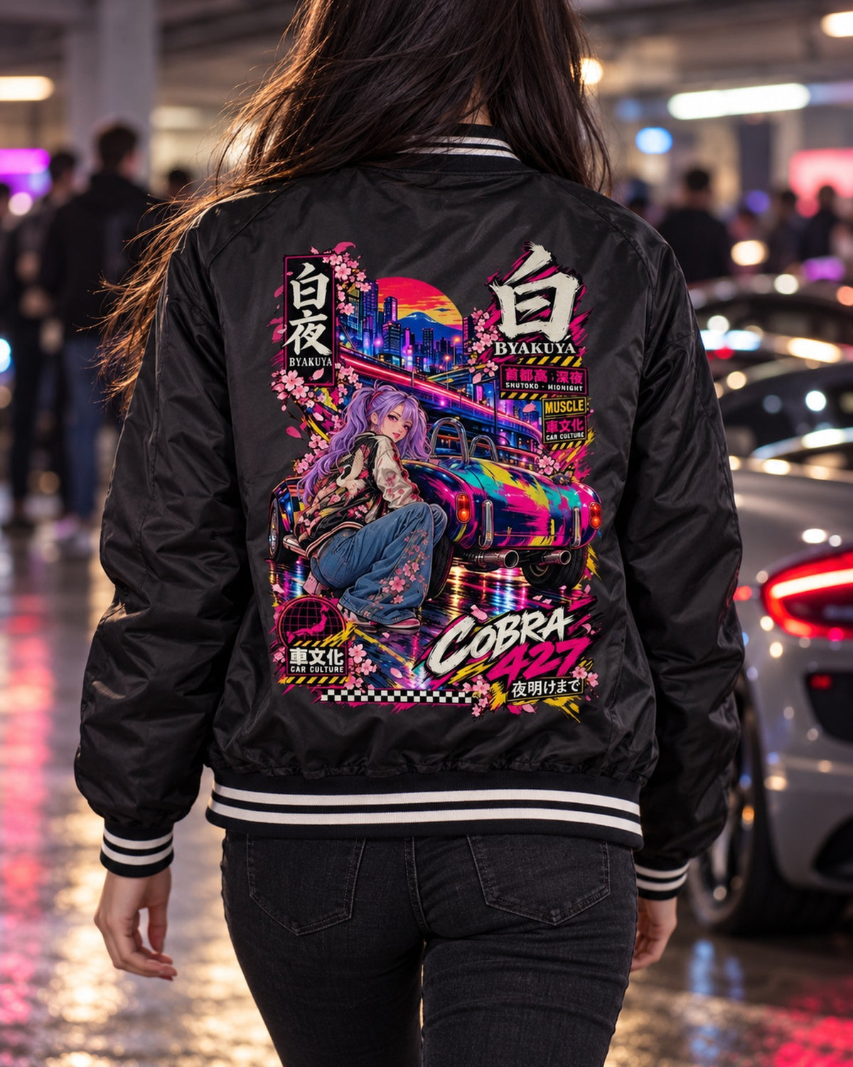 BYAKUYA COBRA 427 Anime Girl Full-Back Graphic Tee Bomber Jacket Black worn hero