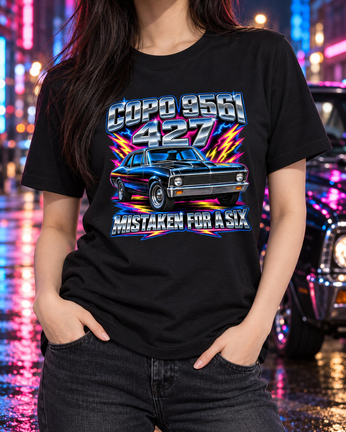 1969 Nova SS 427 COPO 9561 Airbrush Chrome Sleeper Shirt T-Shirt Black worn hero