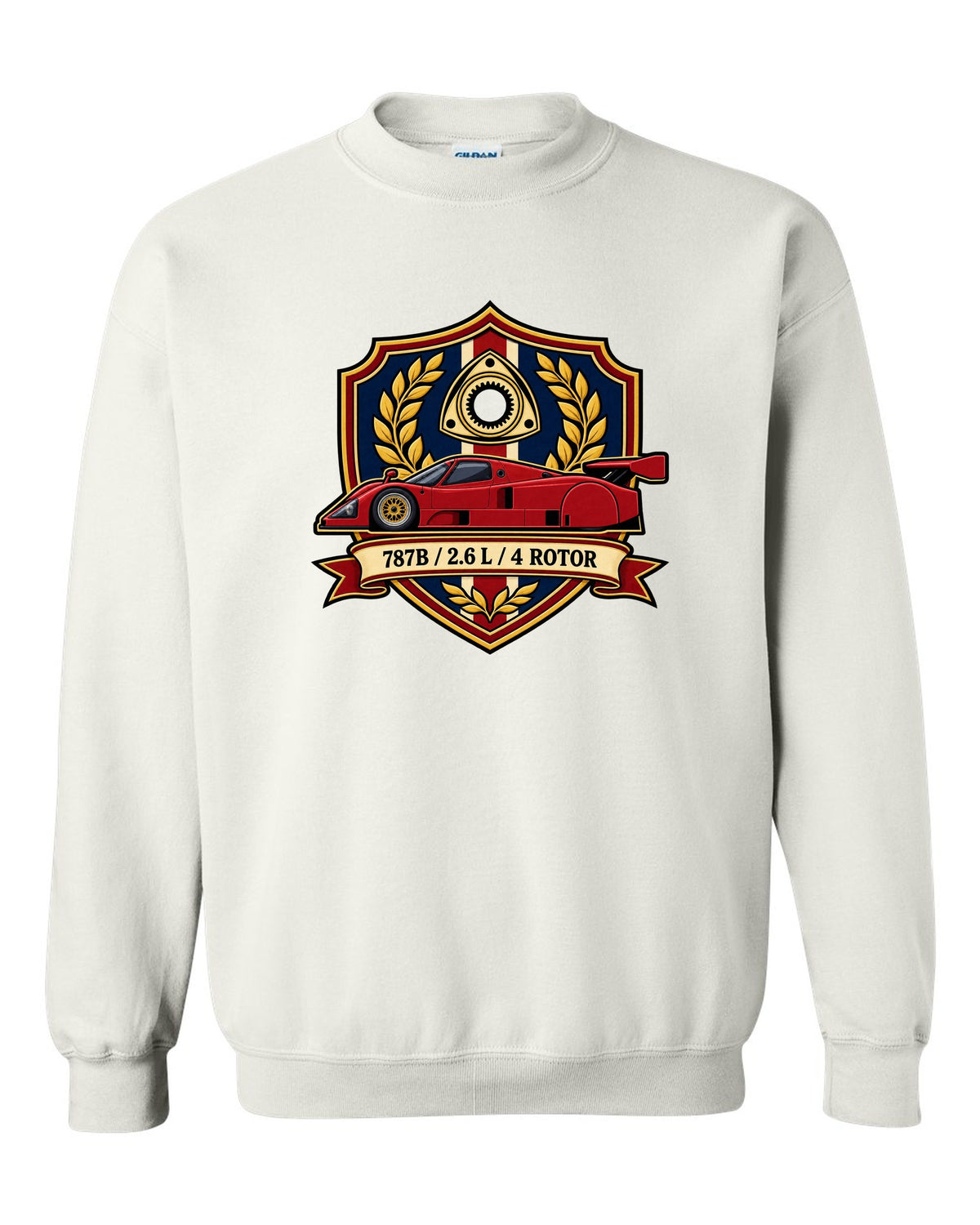 Comic halftone pop art design of the Mazda 787B with R26B SCREAMS / 9000 RPM lettering white crewneck front view with the design