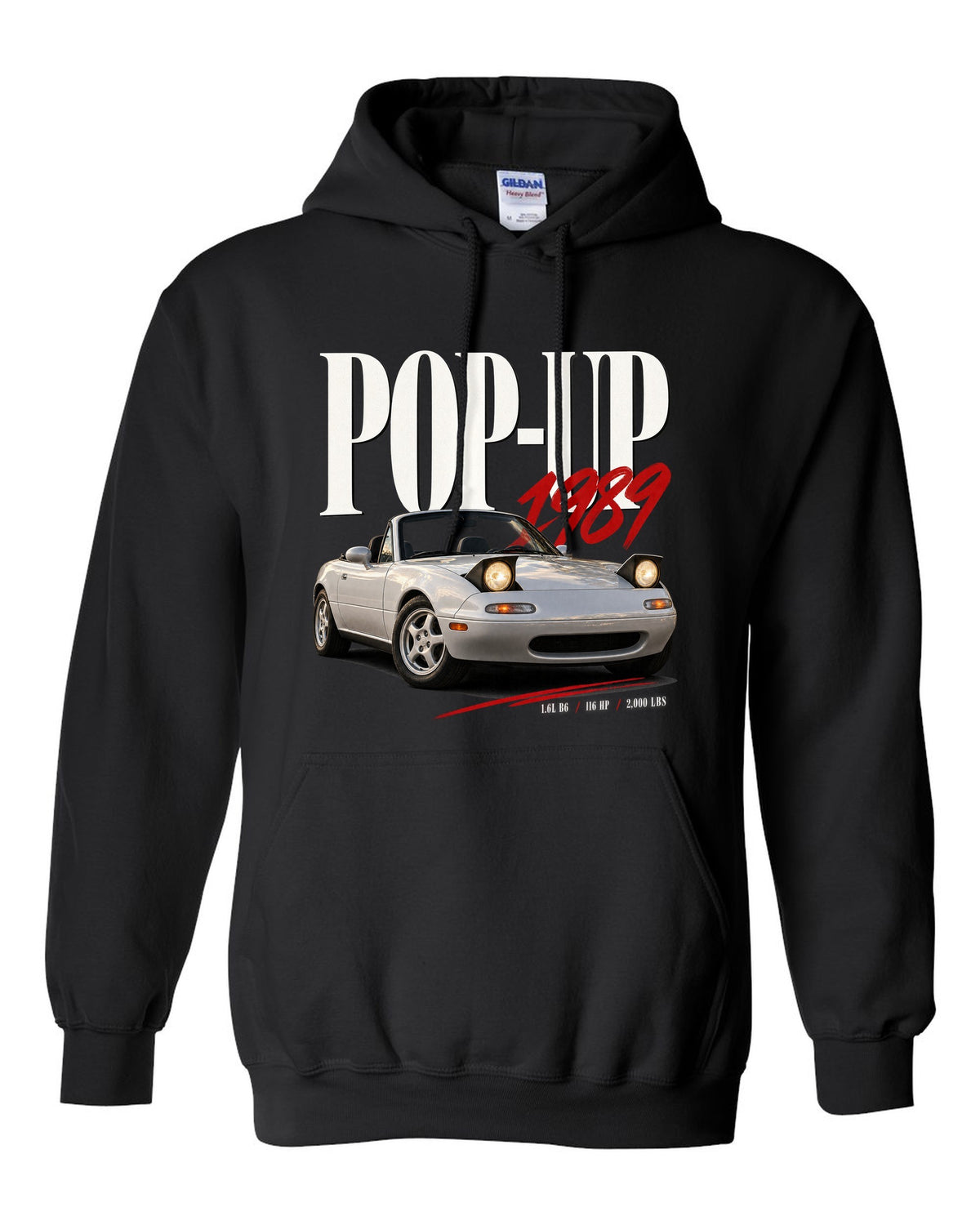 Editorial headline print for the Mazda MX-5 NA 1989-97 reading pop-up, 1989, 1.6L B6 black pull over hoodie front view with the design