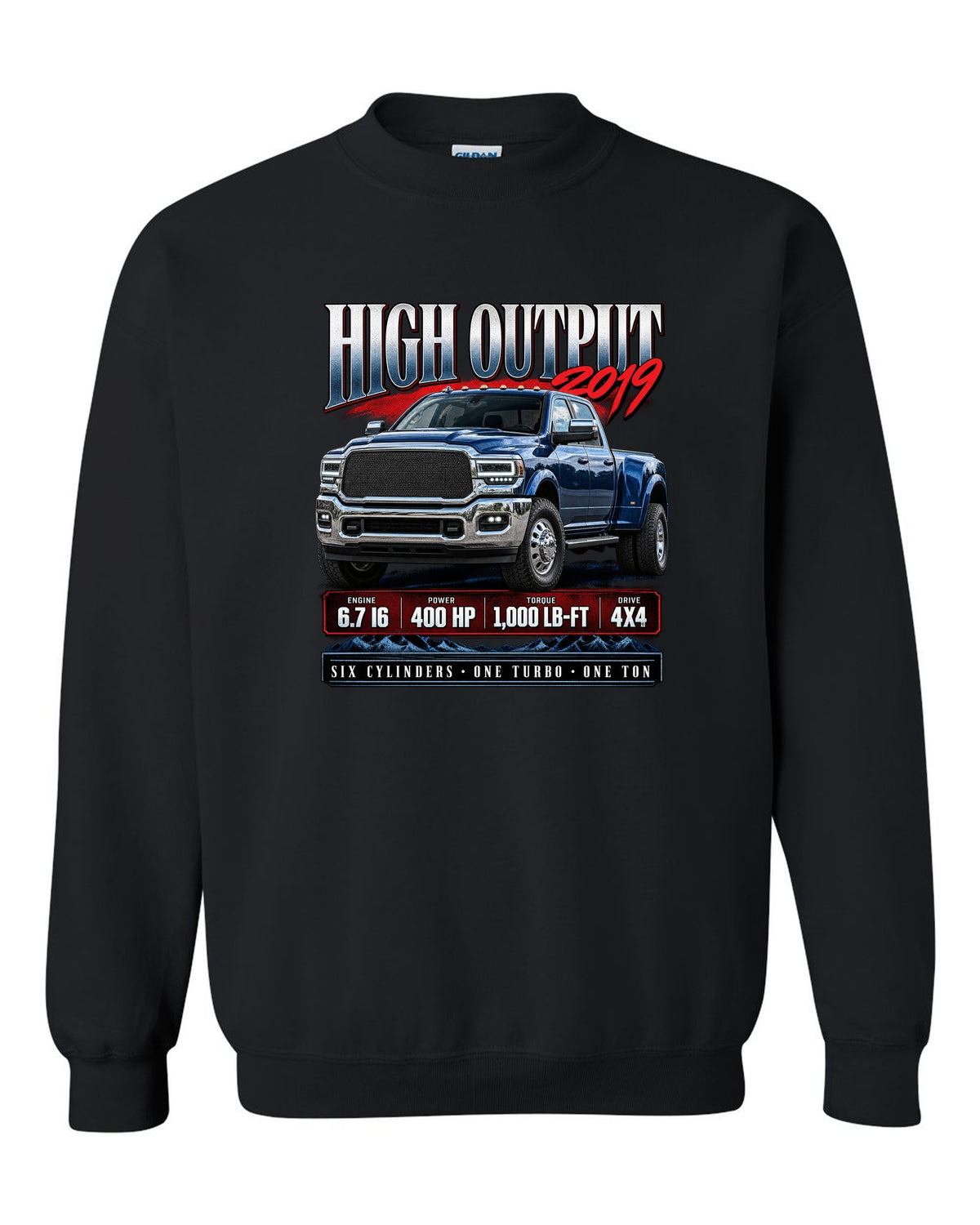 Archive panel of a 2019 Ram 3500 5th gen High Output 6.7 with 400 HP and 1,000 lb-ft black crewneck front view with the design