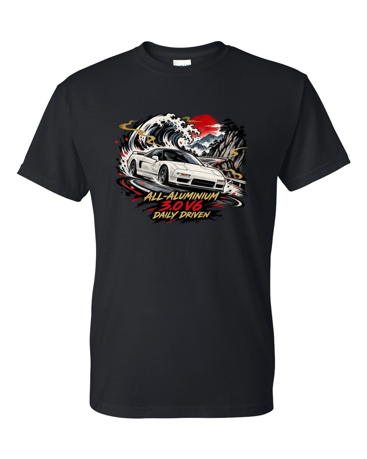 Sumi-e ink wave style print of a Honda NSX NA1 with all-aluminium 3.0 V6 daily driven text black t-shirt front view with the design