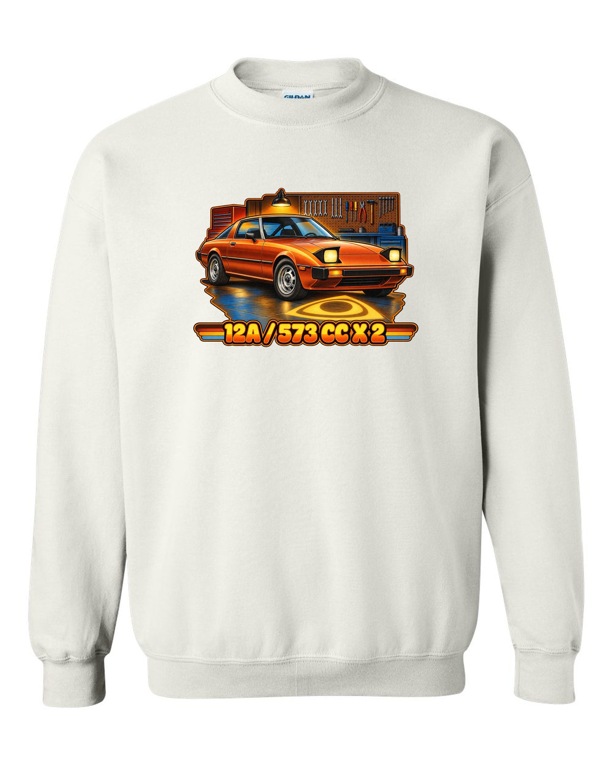 Seventies airbrush poster print of a Mazda RX-7 SA22C with the text 12A, 573 cc x 2 white crewneck front view with the design