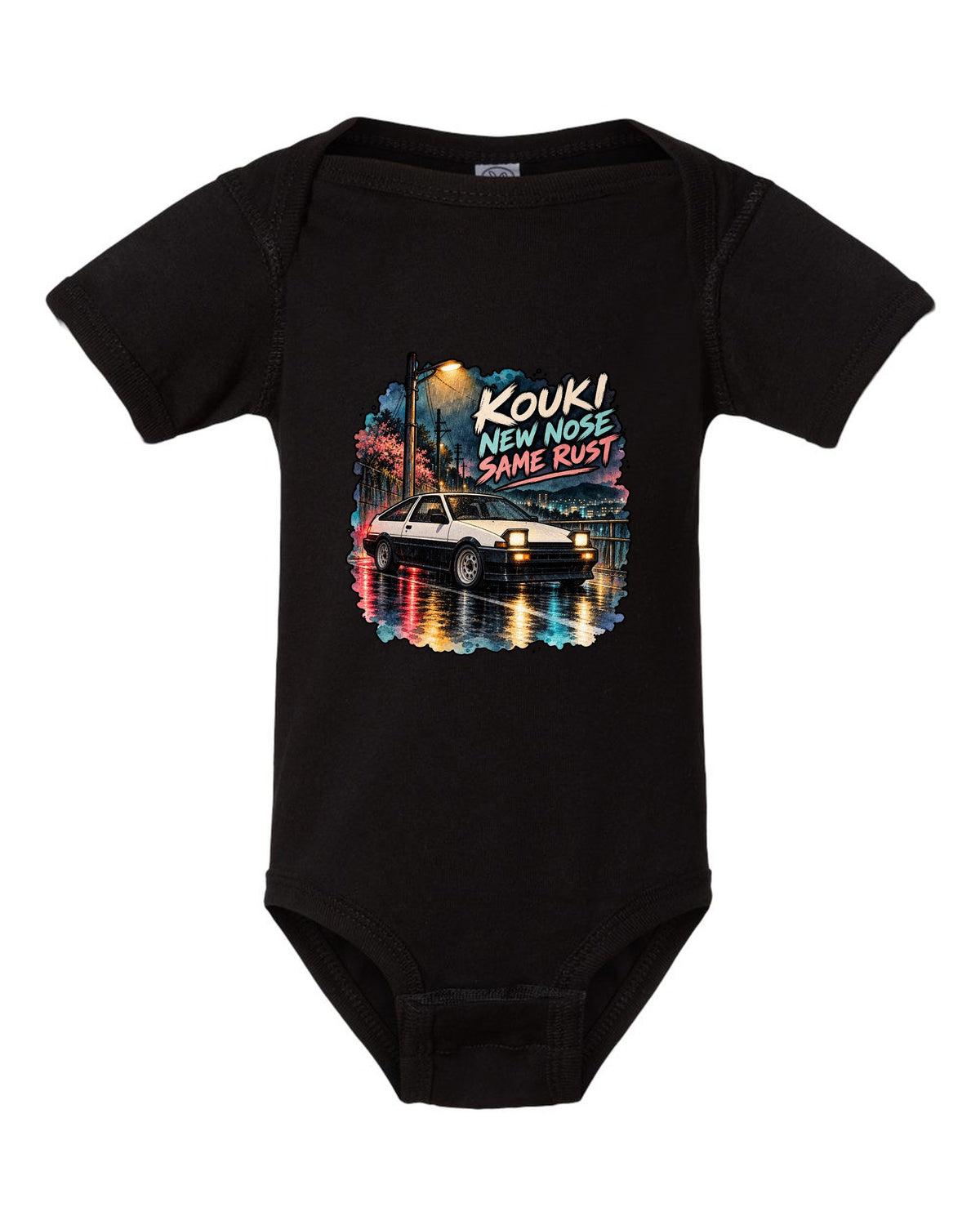 Watercolour wet street night scene with the Toyota AE86 Sprinter Trueno kouki black baby onesie front view with the design
