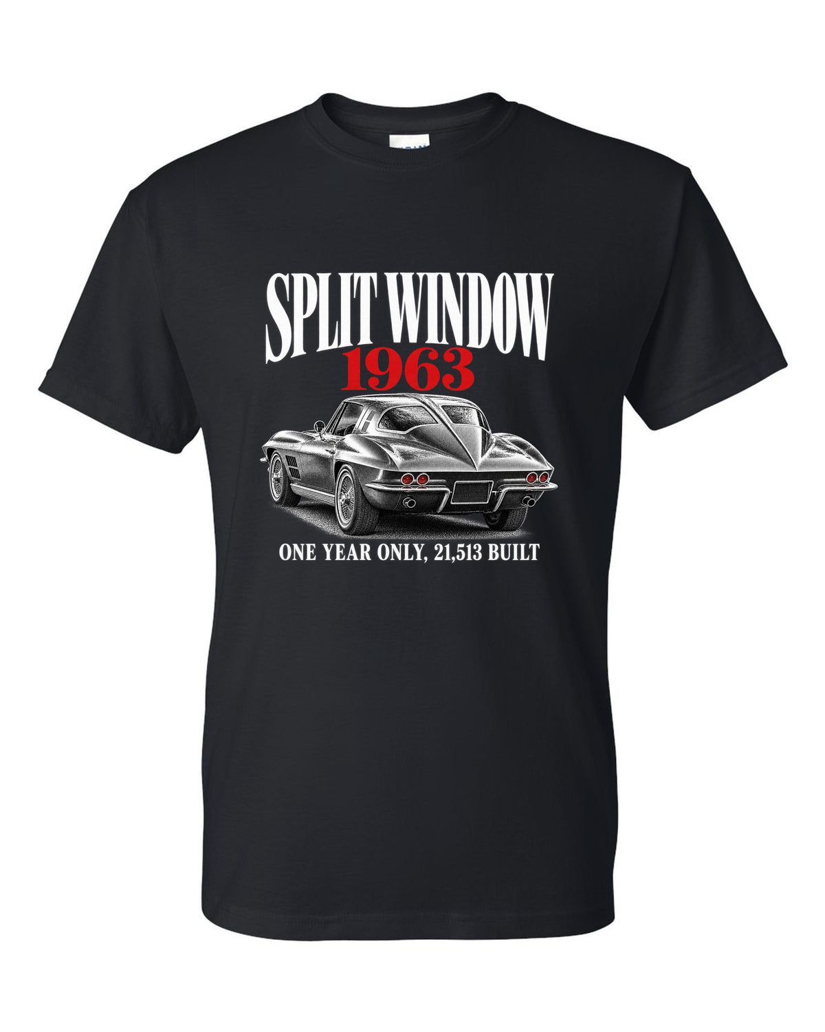 Chevrolet Corvette C2 Sting Ray 1963 split-window coupe editorial print black t-shirt front view with the design