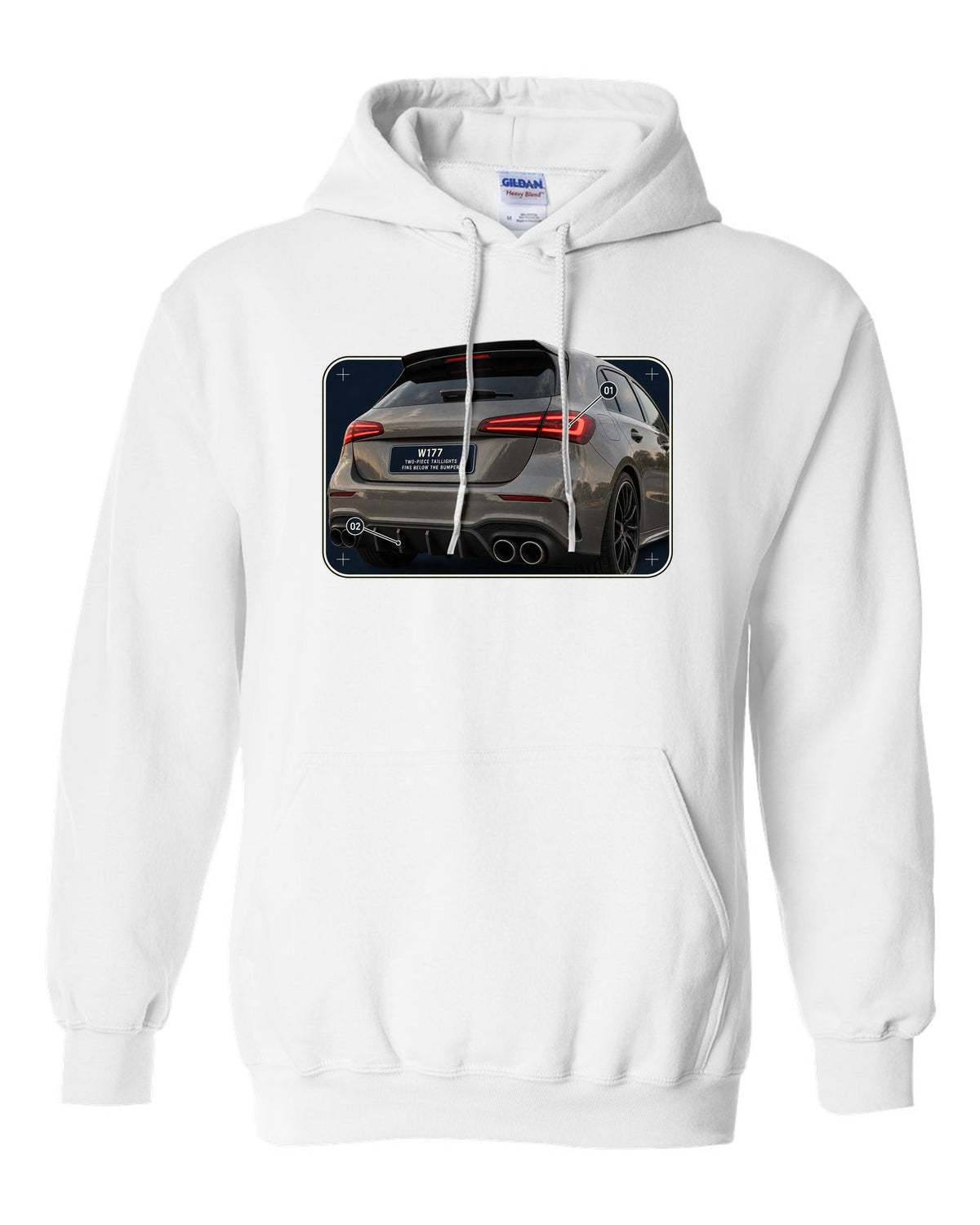 Mercedes-AMG A45 S W177 rear taillight macro detail print white pull over hoodie front view with the design