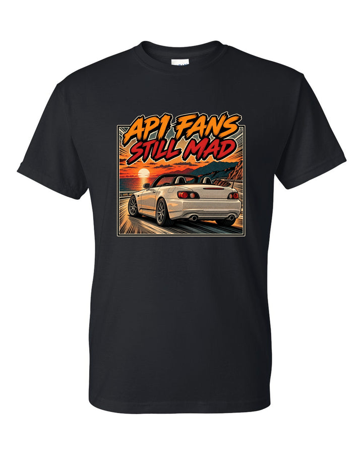 Retro manga halftone print of a 2004 Honda S2000 AP2 roadster at sunset with AP1 fans still mad text black t-shirt front view with the design