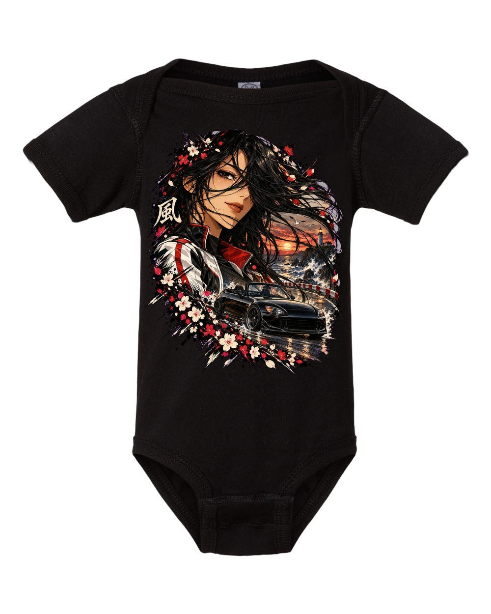 Honda S2000 Anime Girl Baby Onesie Black front